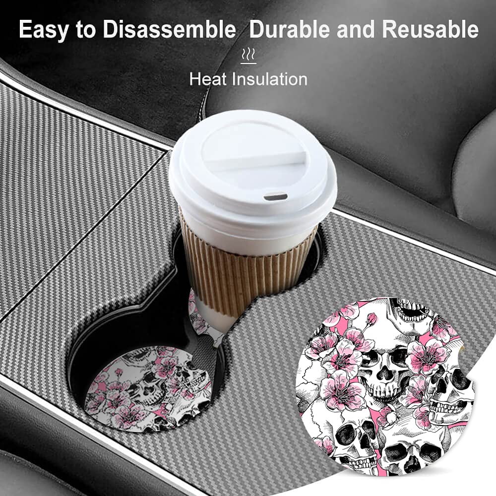 2 Pack Absorbent Car Coasters For Cup Holders,Floral Skull Ceramic Coasters With Cork Back And Finger Slot,Cool Cupholder Access