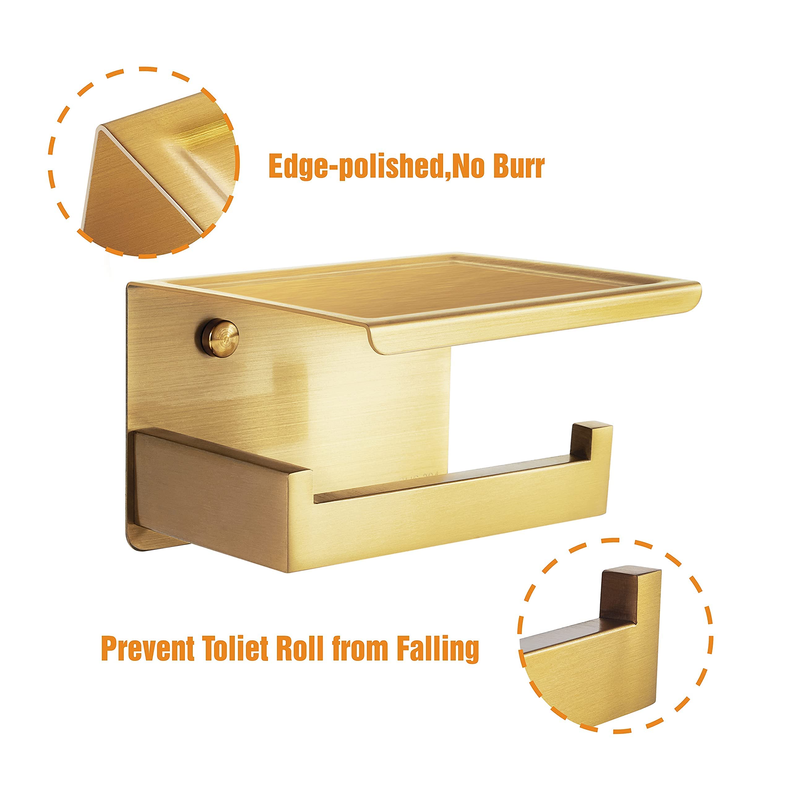 Hitslam Gold Toilet Paper Holder, Stick On Brushed Brass Toilet Paper Holder With Shelf, Self Adhesive No Drill Or Wall-Mount Wi