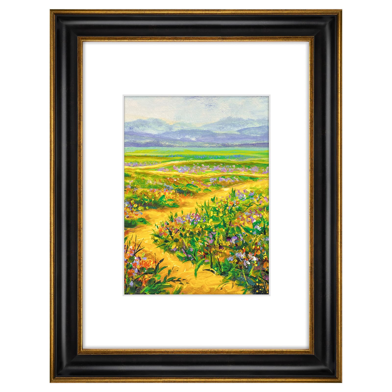Golden State Art, 9x12 Photo Frame With Mat for Pictures 6x8 and Real Glass (Black With Antique Gold Trim - White Color Mat, 1.2