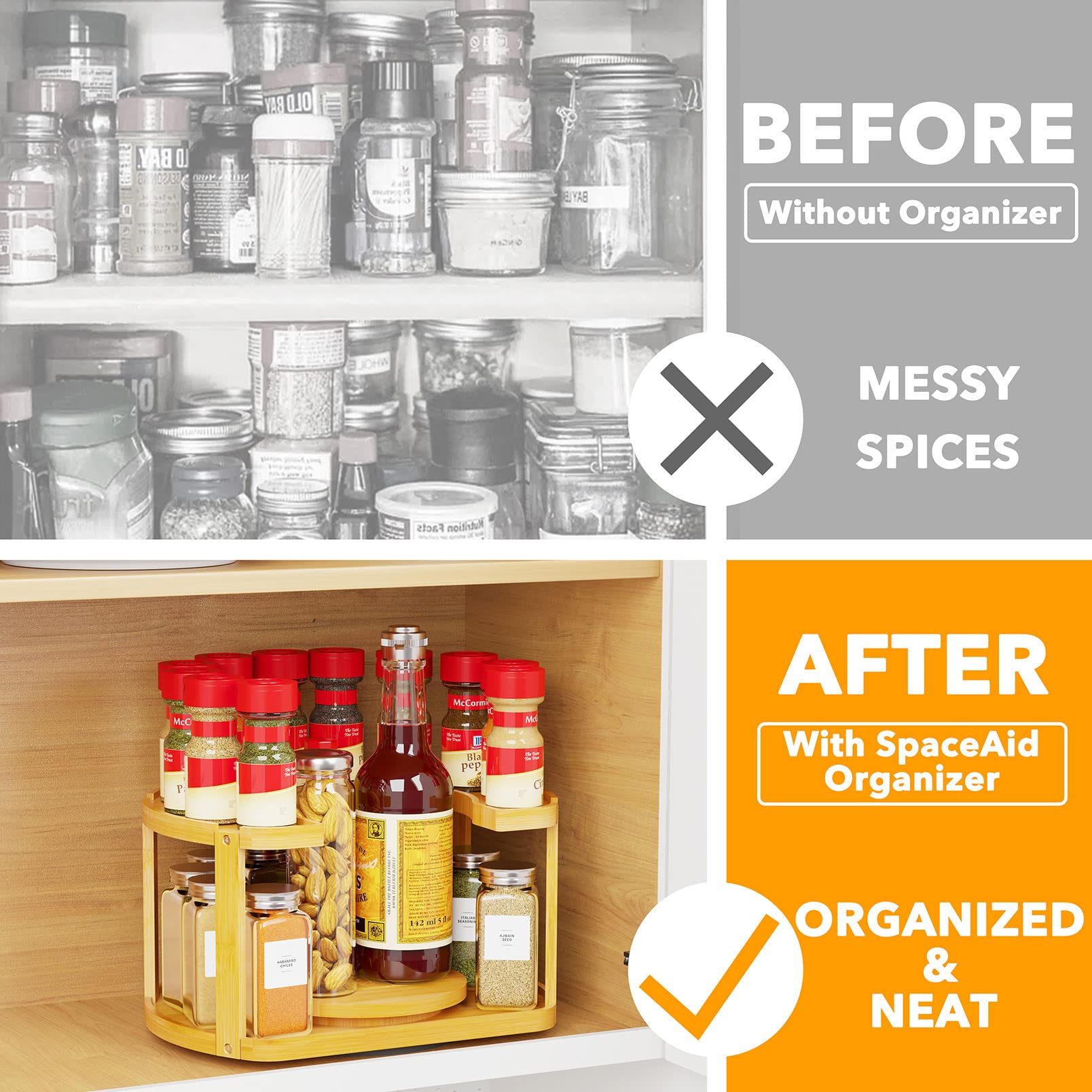 Spaceaid 2 Tier Bamboo Spice Rack Organizer, Lazy Susan Turntable For Cabinet, Home Kitchen Spices Spinning Rotating Shelf Racks
