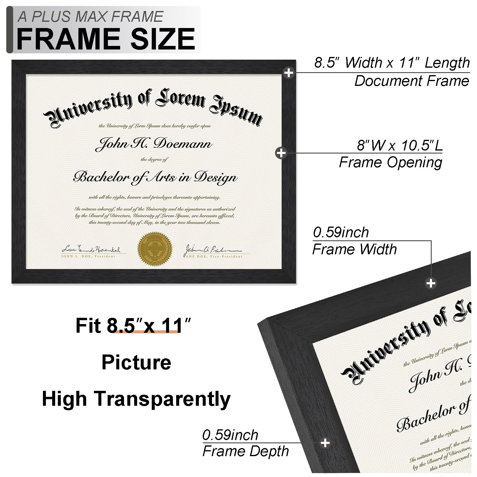 A PLUS MAX Black 8.5 x 11 Frame Set of 5, Engineered Wood Frame with Wood-grain for Display 8.5 by 11 Document Award Certificate