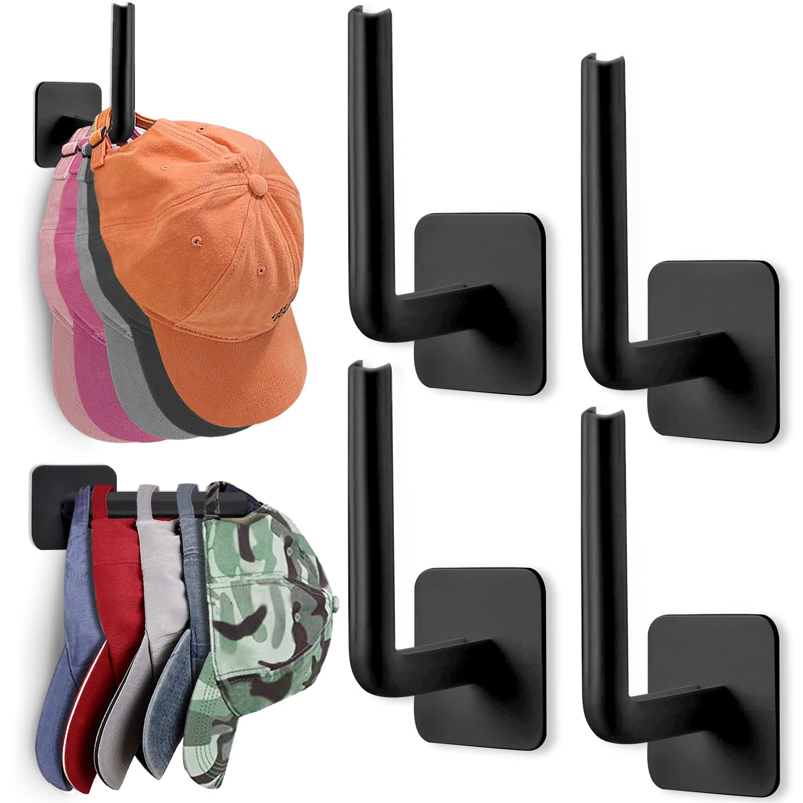 Hat Rack For Wall Hat Organizer (4-Pack), Adhesive Hat Hooks For Wall, No Drilling Hat Hangers For Closet Cowboy Hat Holder Disp