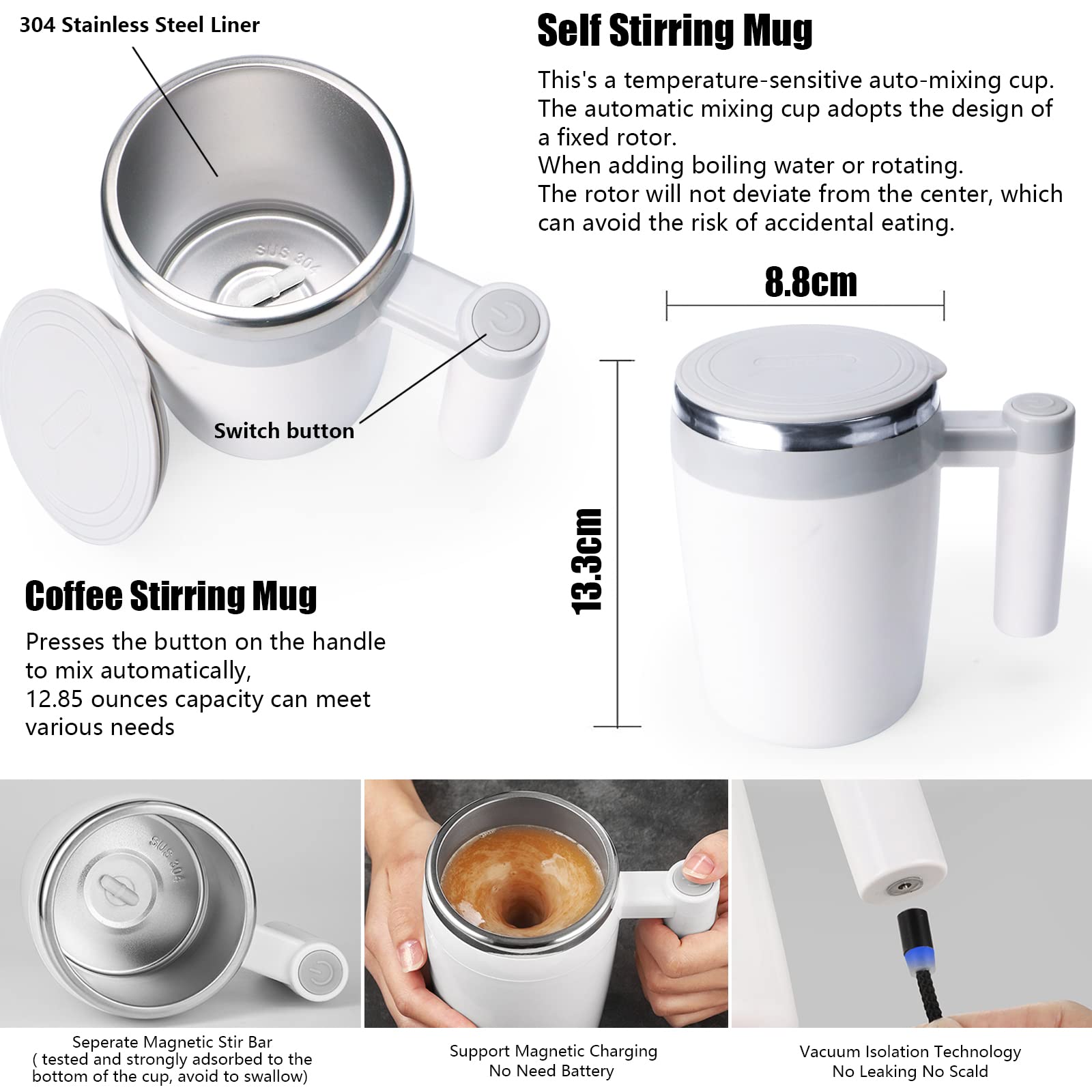 Fcsweet Self Stirring Mug,Rechargeable Auto Magnetic Coffee Mug With 2Pc Stir Bar,Waterproof Automatic Mixing Cup For Milk/Cocoa