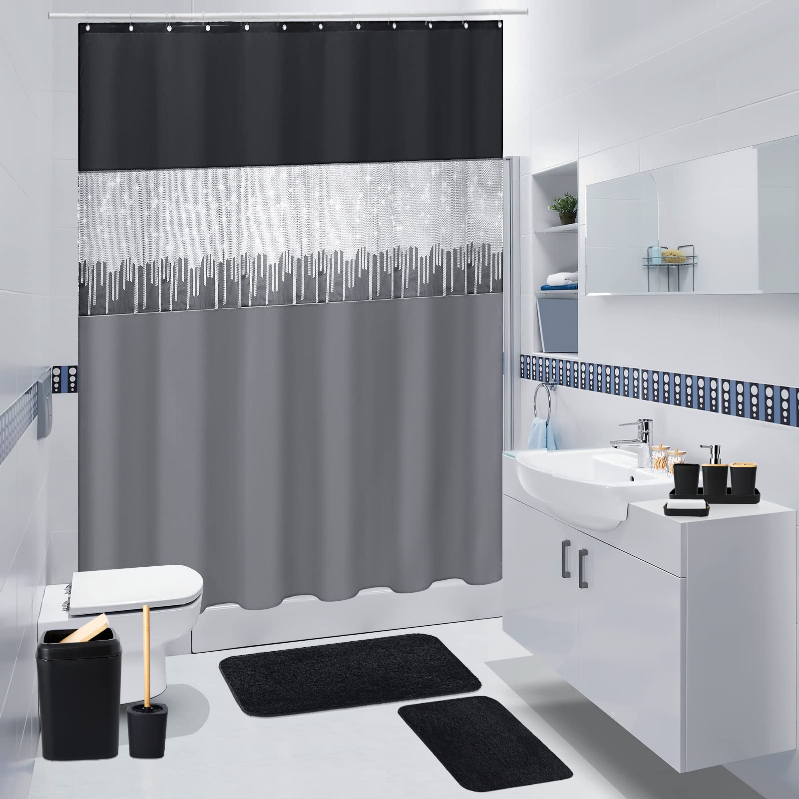 Xlhomo Bathroom Sets With Shower Curtain And Rugs,24Pcs Black Bathroom Set Shower Curtain Set With Bathroom Trash Can Bathroom A