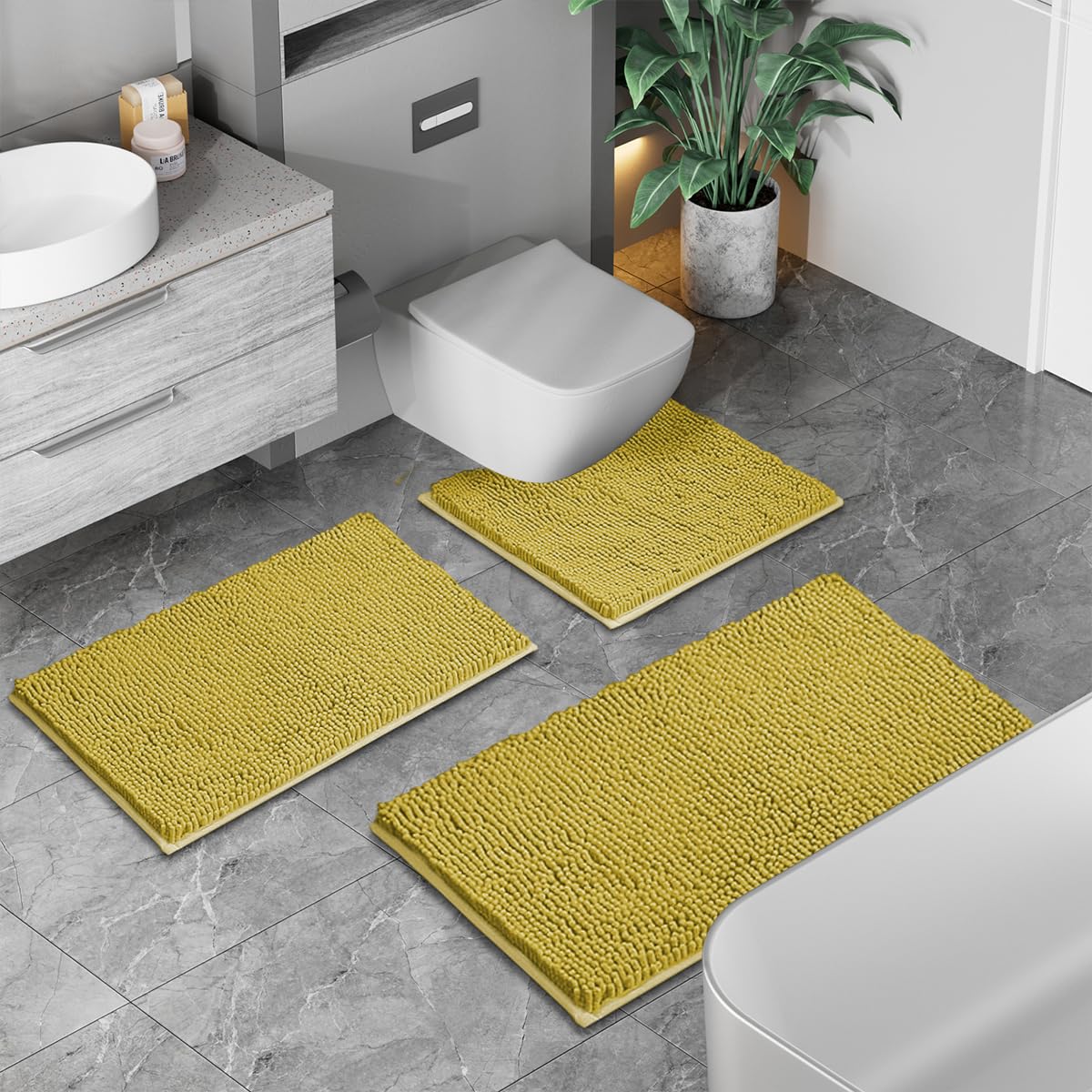 Gold Bathroom Rugs Sets 3 Piece Extra Soft Chenille Bathroom Mats Non Slip Bath Mat Set,Absorbent Shaggy Rugs Perfect Plush Bath