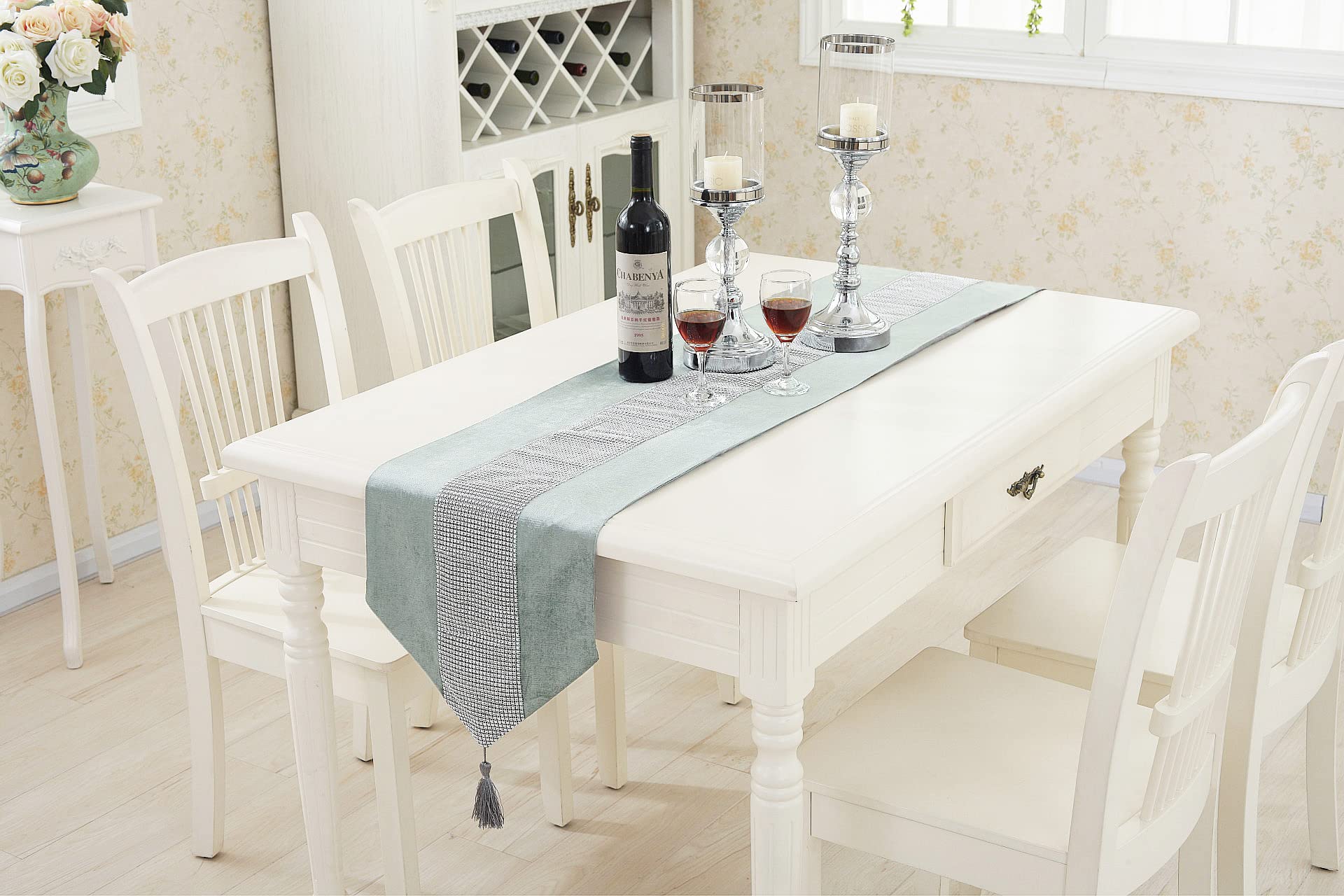 Hemiaor 13''X84'' Rhinestone Table Runner With Tassel Decoration For Party And Wedding,Grey