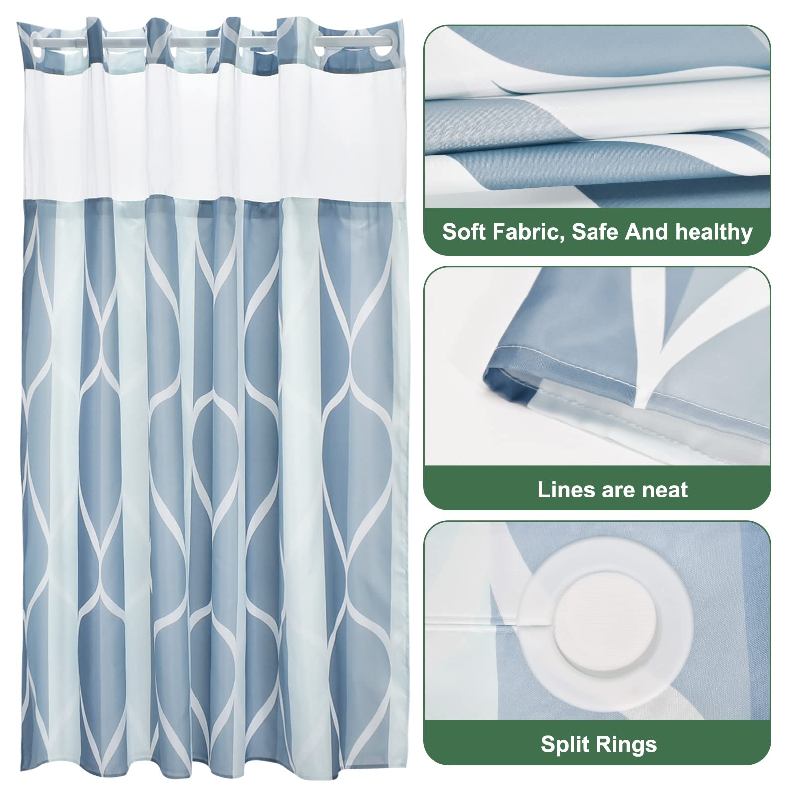YIATN No Hook Dark Blue Double Shower Curtain with Snap in Fabric Liner Set - Hotel Style with See Through Mesh Top Window  Modern Geometric Waterdrop Design Water-Repellent & Washable  71x74 INCH