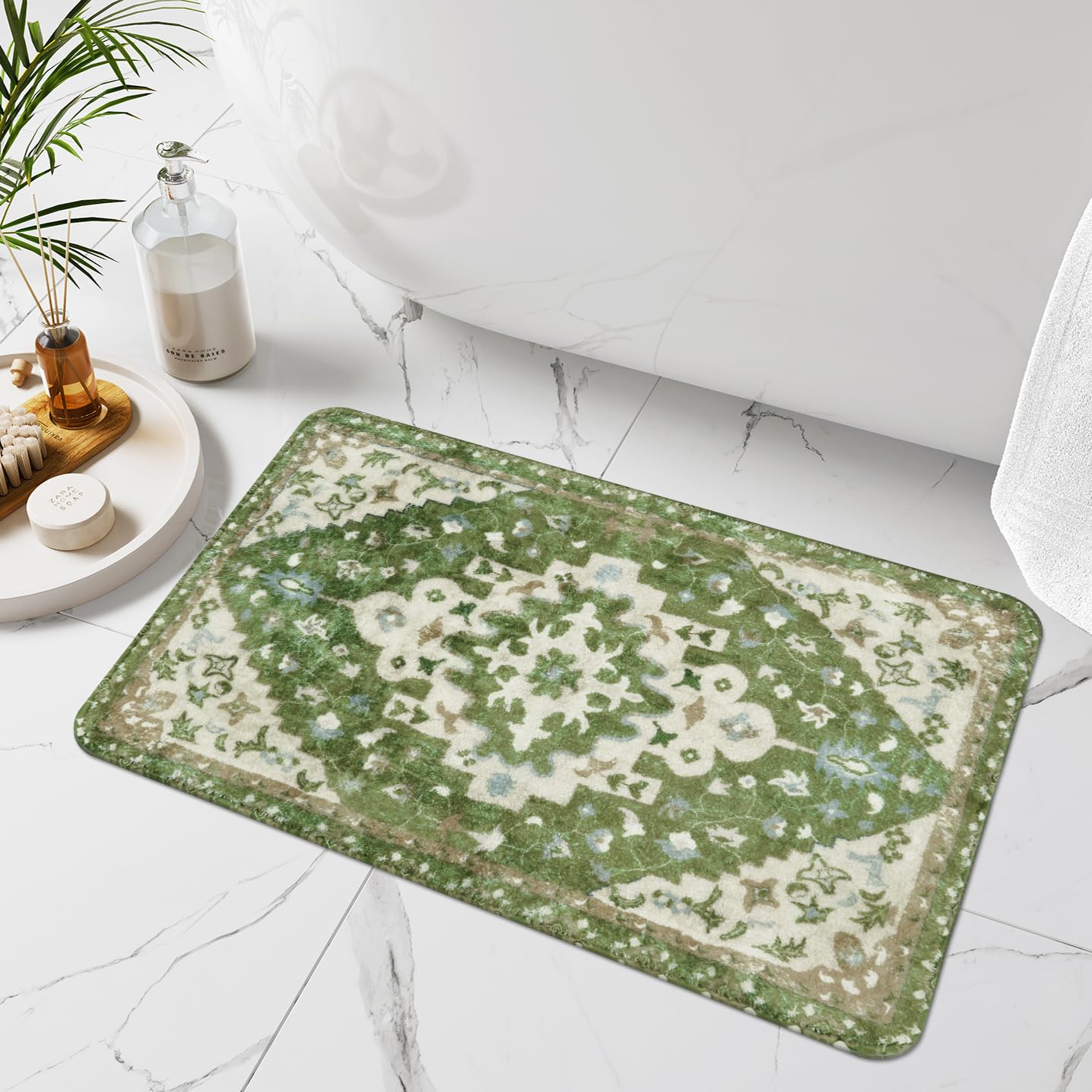 Uphome Boho Vintage Bathroom Rug Sage Green Non-Slip Soft Bathroom Mat Oriental Tribal Machine Washable Bath Rugs Traditional Fl