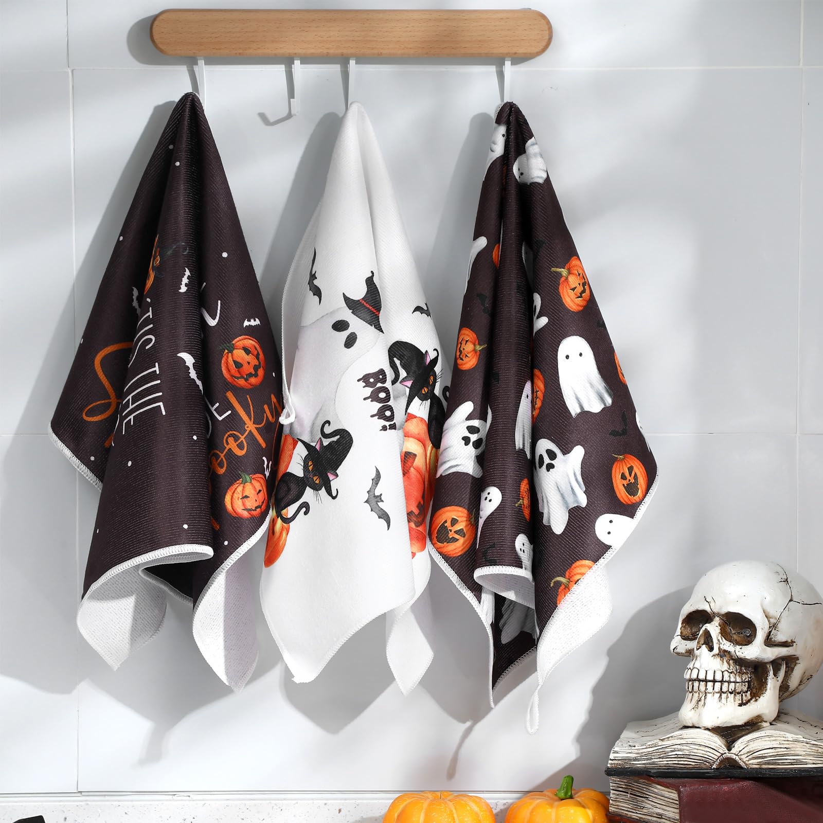 Bencailor 6 Pcs Halloween Kitchen Towels Ghost Pumpkin Dish Hand Towels Gothic Ghost Boo Tea Washcloth for Halloween Party Gifts