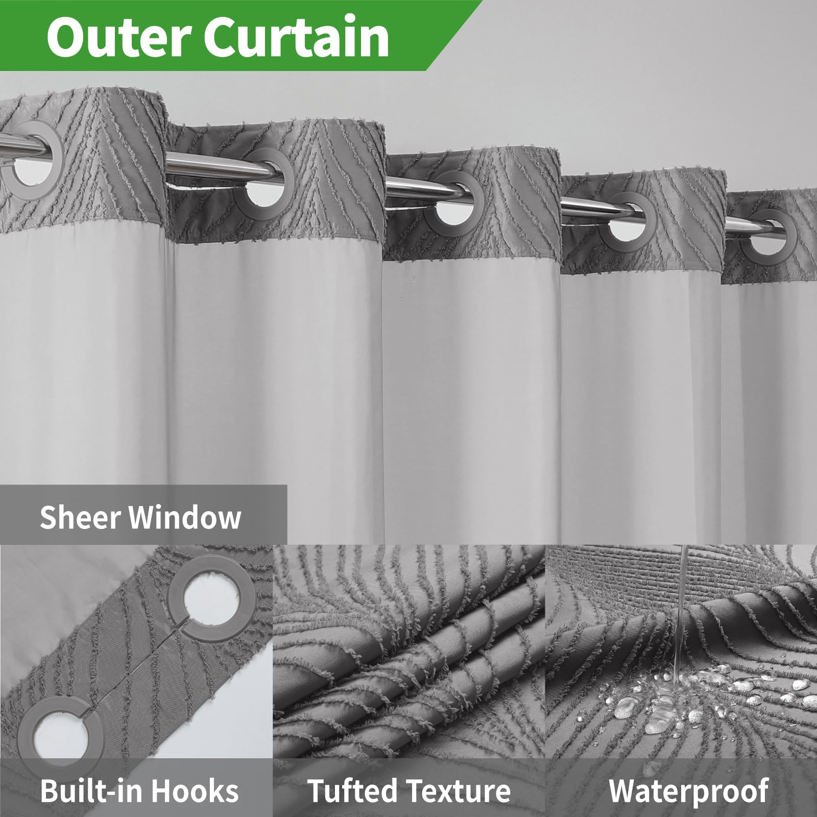 Eachope No Hook Shower Curtain And Liner Set,Boho Style With See Through Top Window, Grey Fabric Tufted Striped Textured Outer C