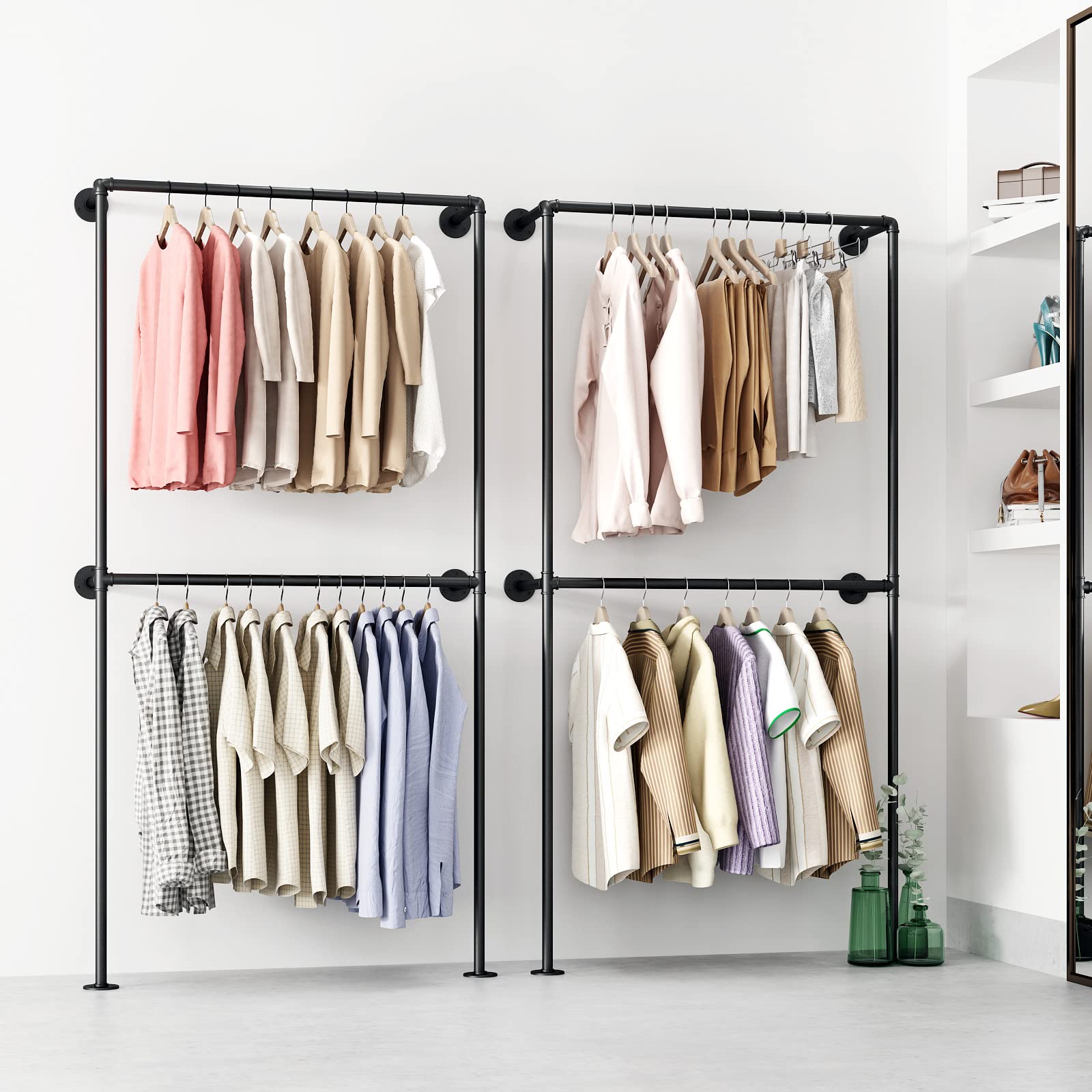 Ironjiazu Industrial Pipe Clothing Rack Wall Mounted Garment Rack,Black Clothes Rack Retail Display Hanging Rod For Closet Stora