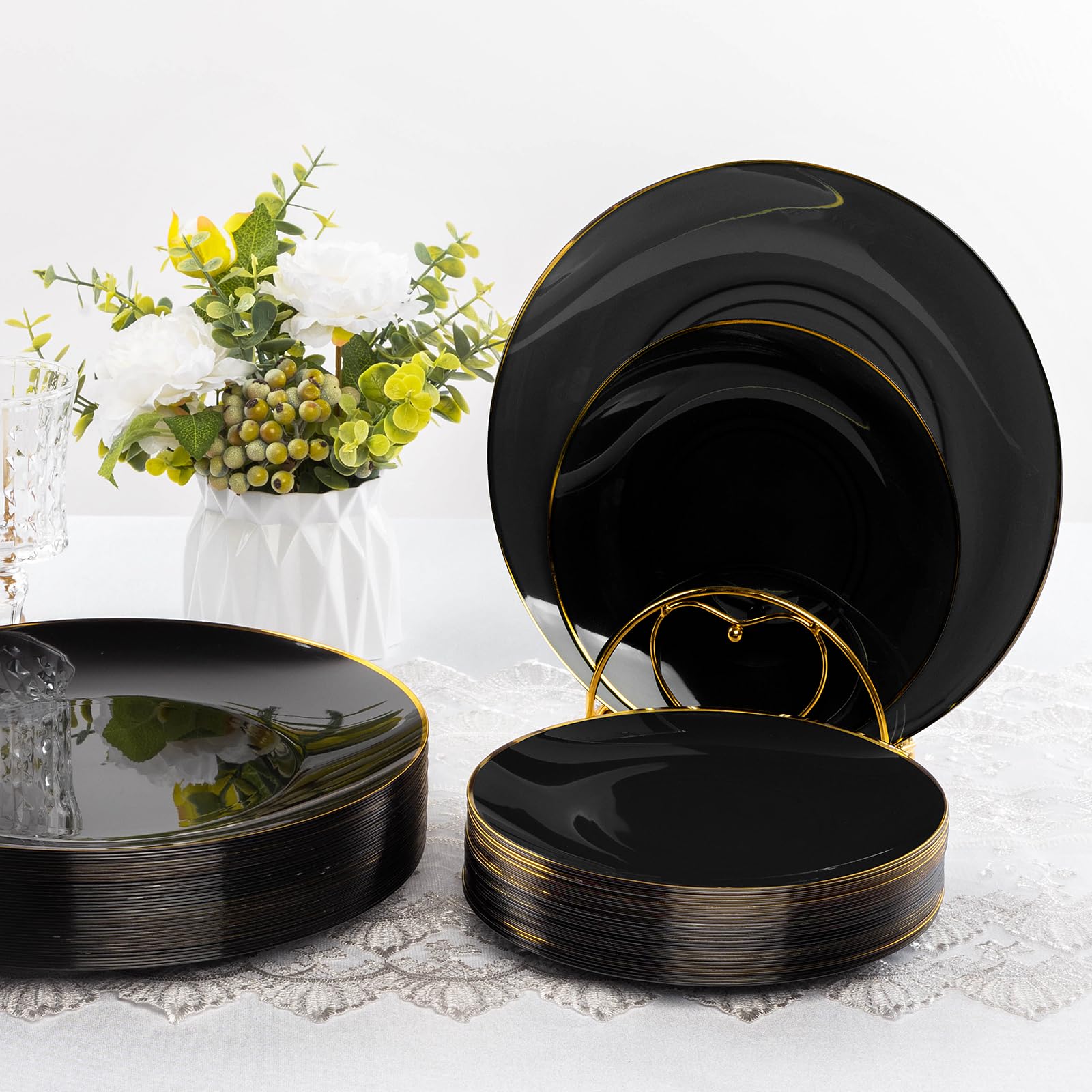 175 Pieces Black Gold Plastic Dinnerware Set, Black And Gold Disposable Plates For Party, Include 50 Black Plates With Plastic C