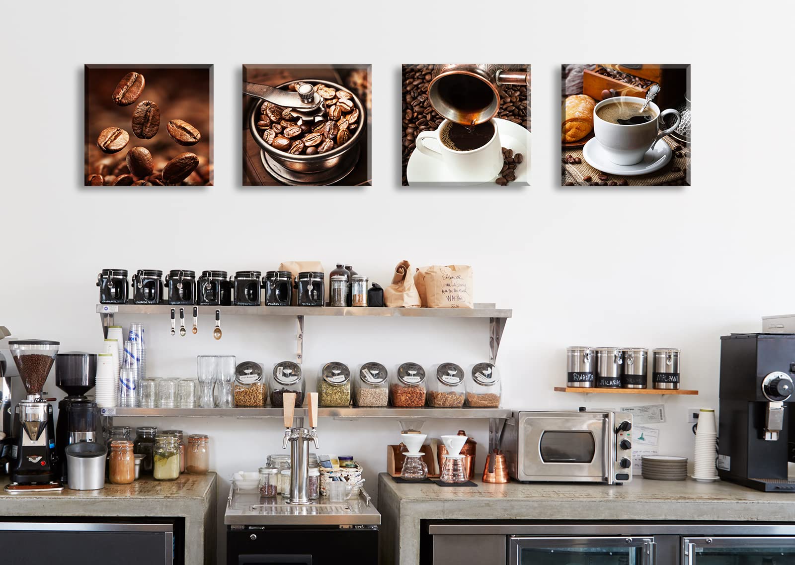 Kitchen Wall Art Coffee Decor Canvas Prints Coffee Cup Latte Mocha Cafe Drinking Pictures Brown 4 Panel Modern Artwork For Dinin