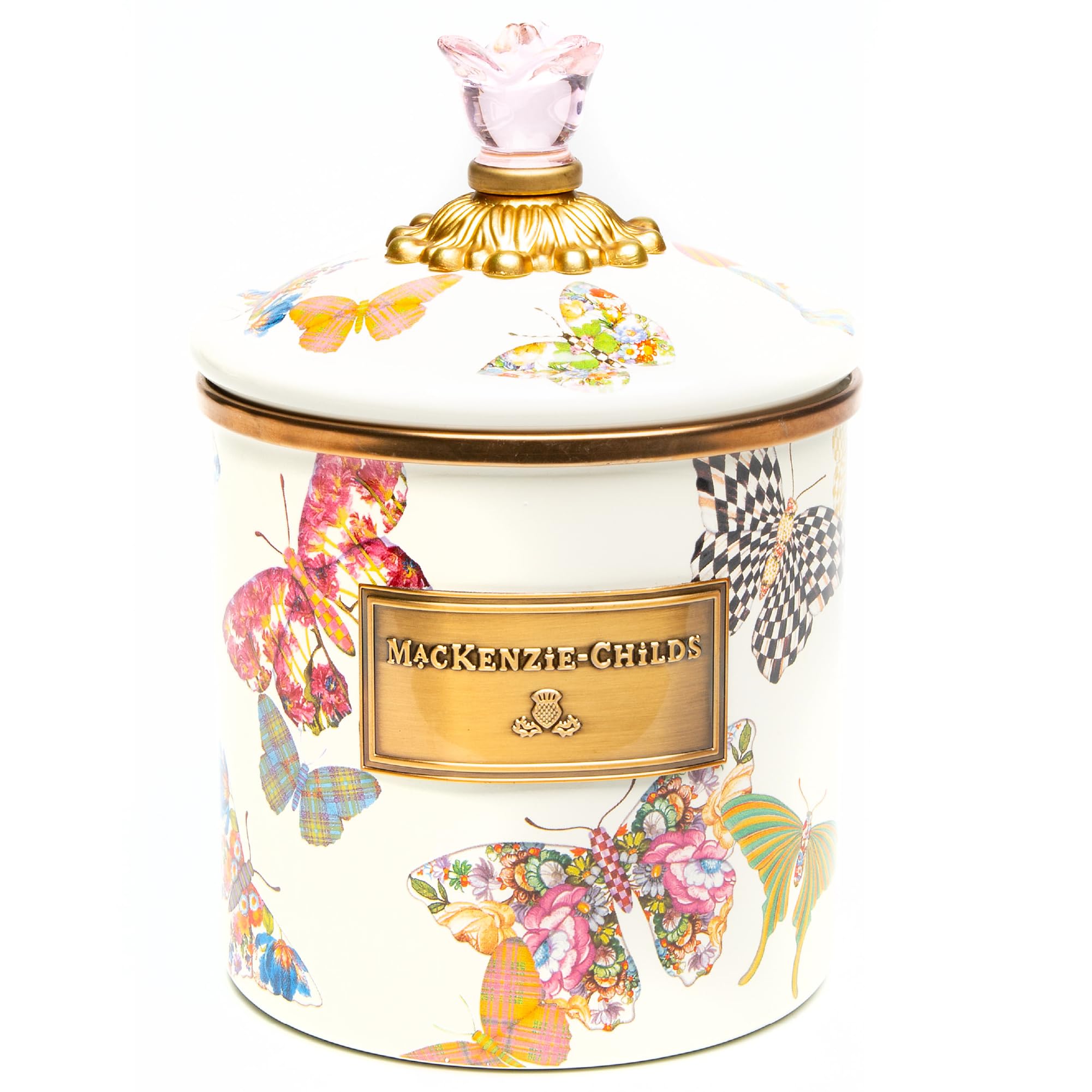 Mackenzie-Childs Butterfly Garden Enamel Canister, Pretty Kitchen Storage Container With Lid, Small