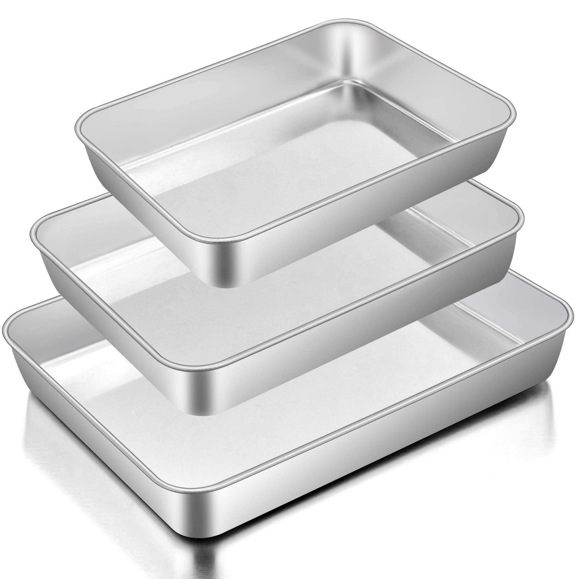E-Far Baking Pans Set Of 3, Stainless Steel Sheet Cake Pan For Oven - 12.5/10.5/9.4Inch, Rectangle Bakeware Set For Cake Lasagna