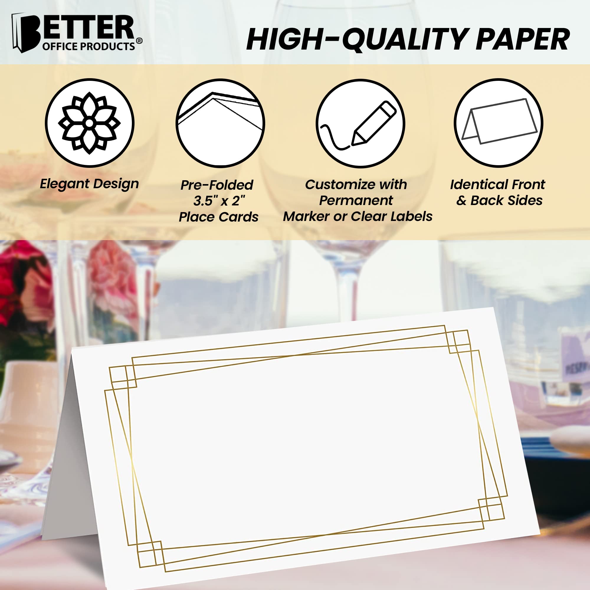 Better Office Products 100 Pack Place Cards, 2 X 3.5 In, White With Modern Metallic Gold Geometric Border, Folded Table Tent Car