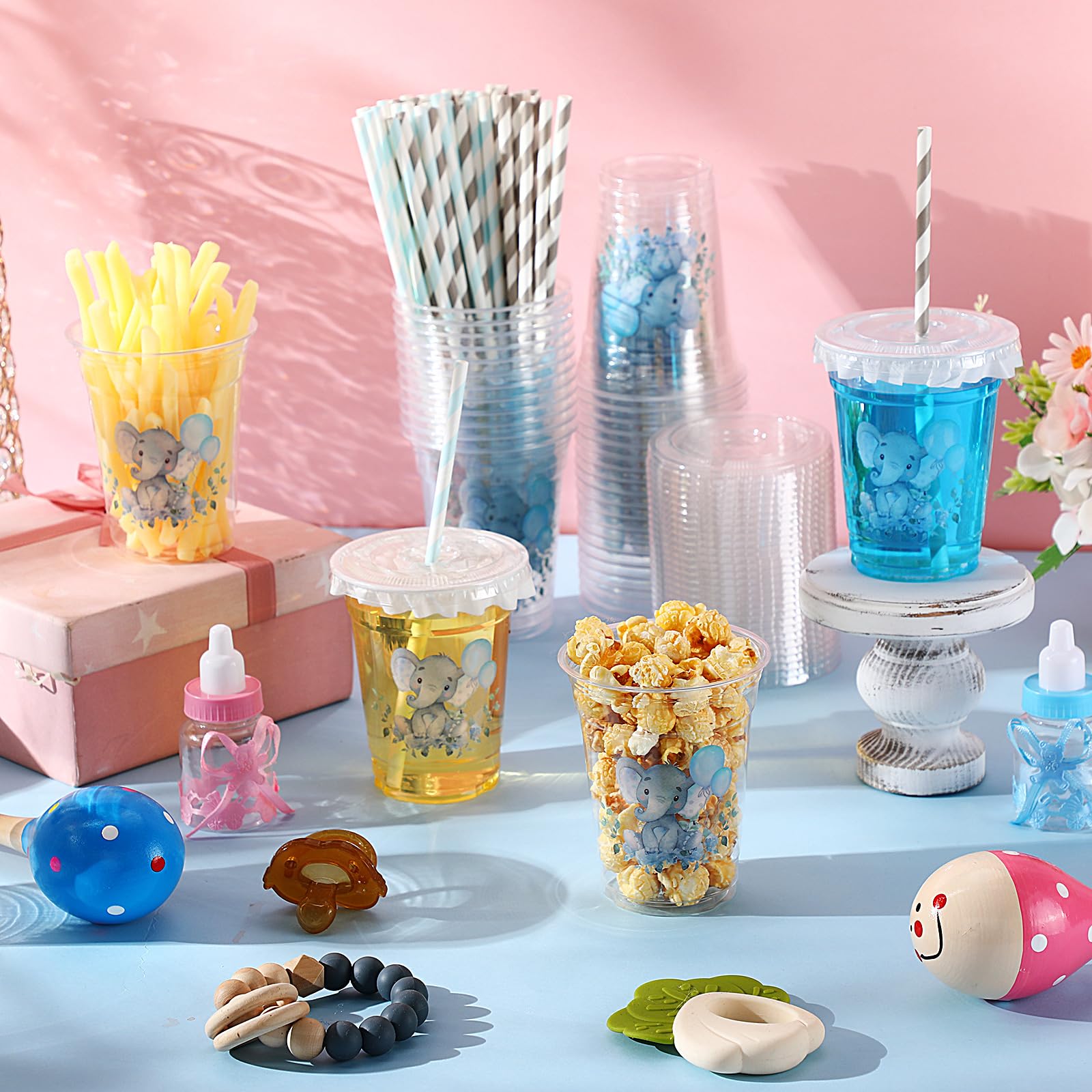 Pickmesh 50 Pcs Baby Shower Party Plastic Cup 12 Oz A Little is On The Way Thick Clear Cup Lids Straws Autumn Gender Reveal Hall