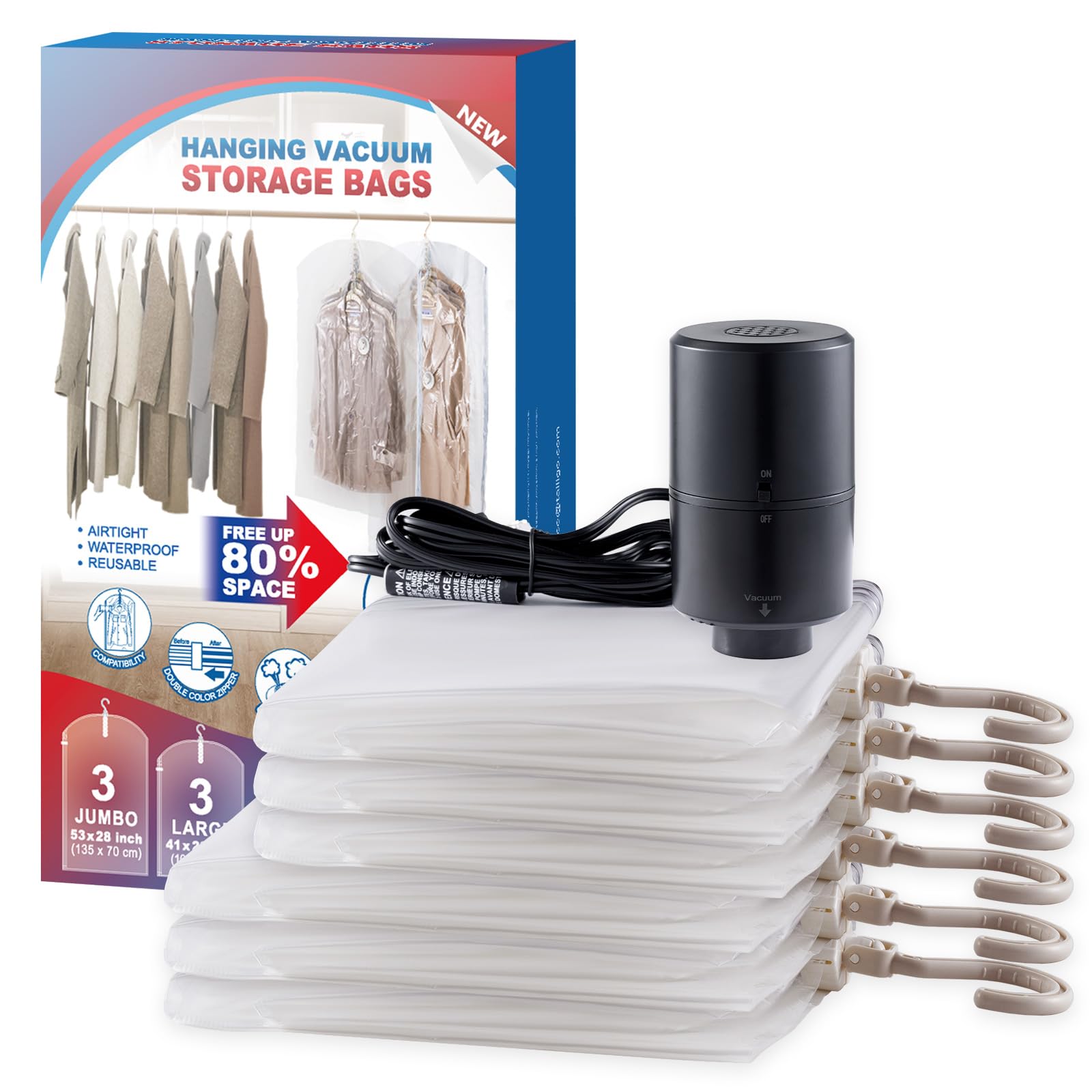 Hanging Vacuum Storage Bags, 6 Pack Hanging Storage Bags For Clothes With Electric Pump, Vacuum Sealed For Suits, Dress, Jackets