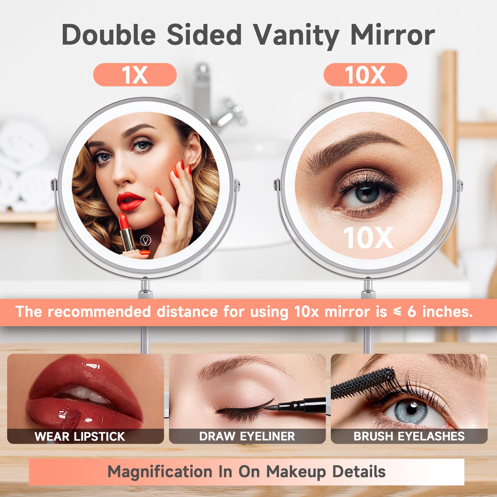 10X Lighted Makeup Mirror, Vanity Mirror With Lights,Rechargeable 9'' Height Adjustable Vanity Mirror, 1X/10X Magnifying Mirror