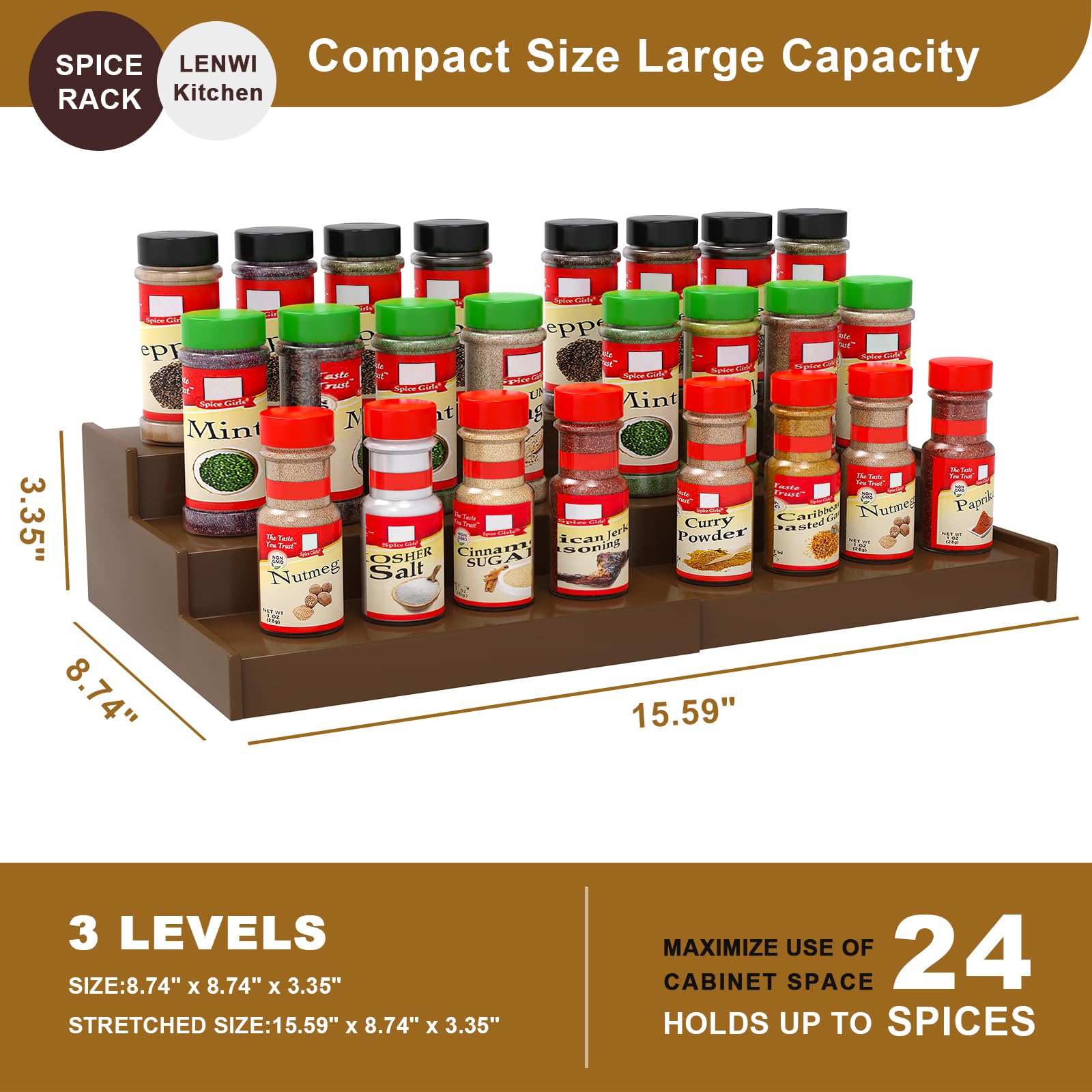 Lenwi Spice Rack Organizer for Cabinet, 3 Tier Expandable Bamboo Spice Storage, Great for Kitchen Cabinet, Cupboard,Pantry and M