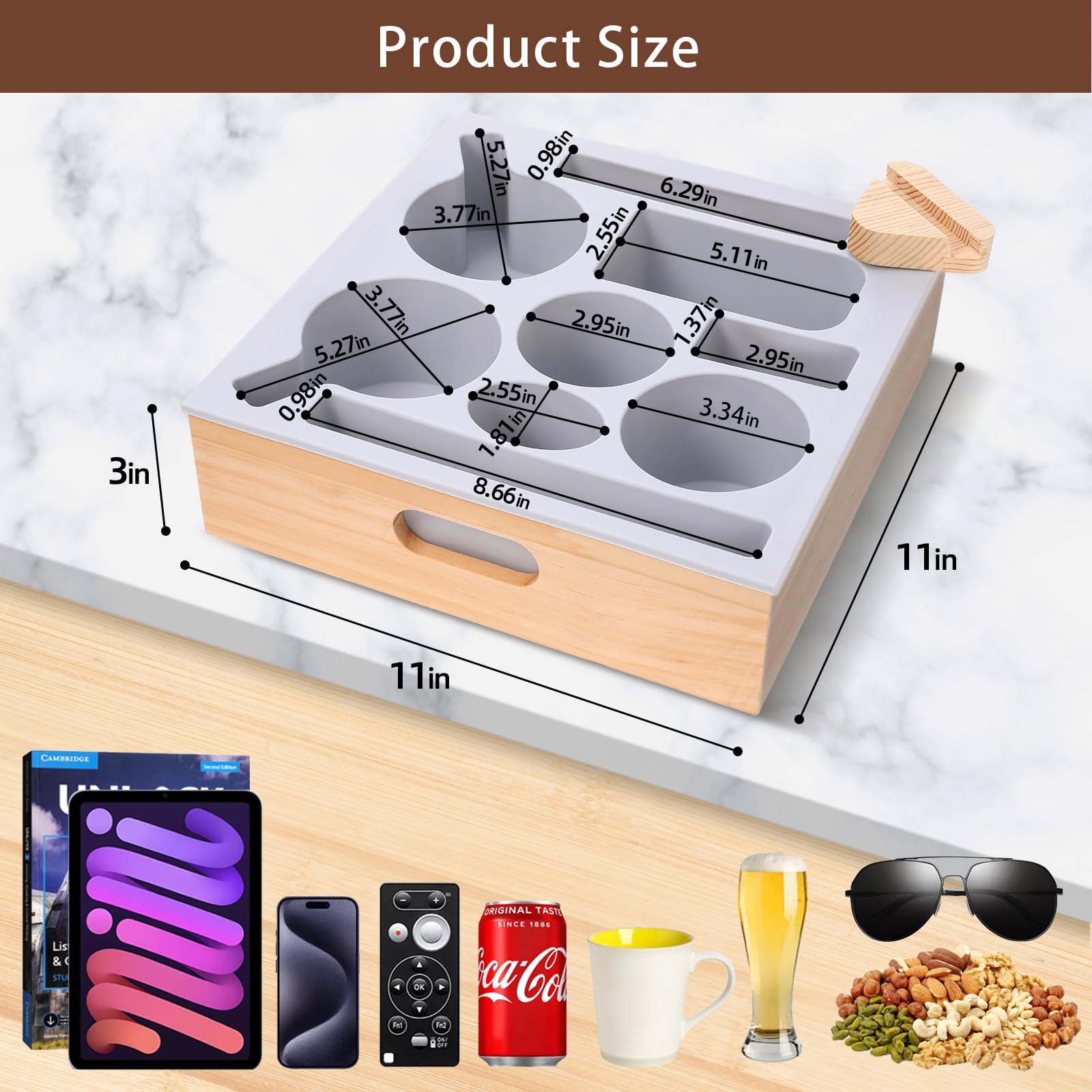 Couch Cup Holder, Couch Caddy With Rotatable Phone Holder, Wooden Sofa Cup Holder With Carrying Handle For Bed Car Beach Organiz