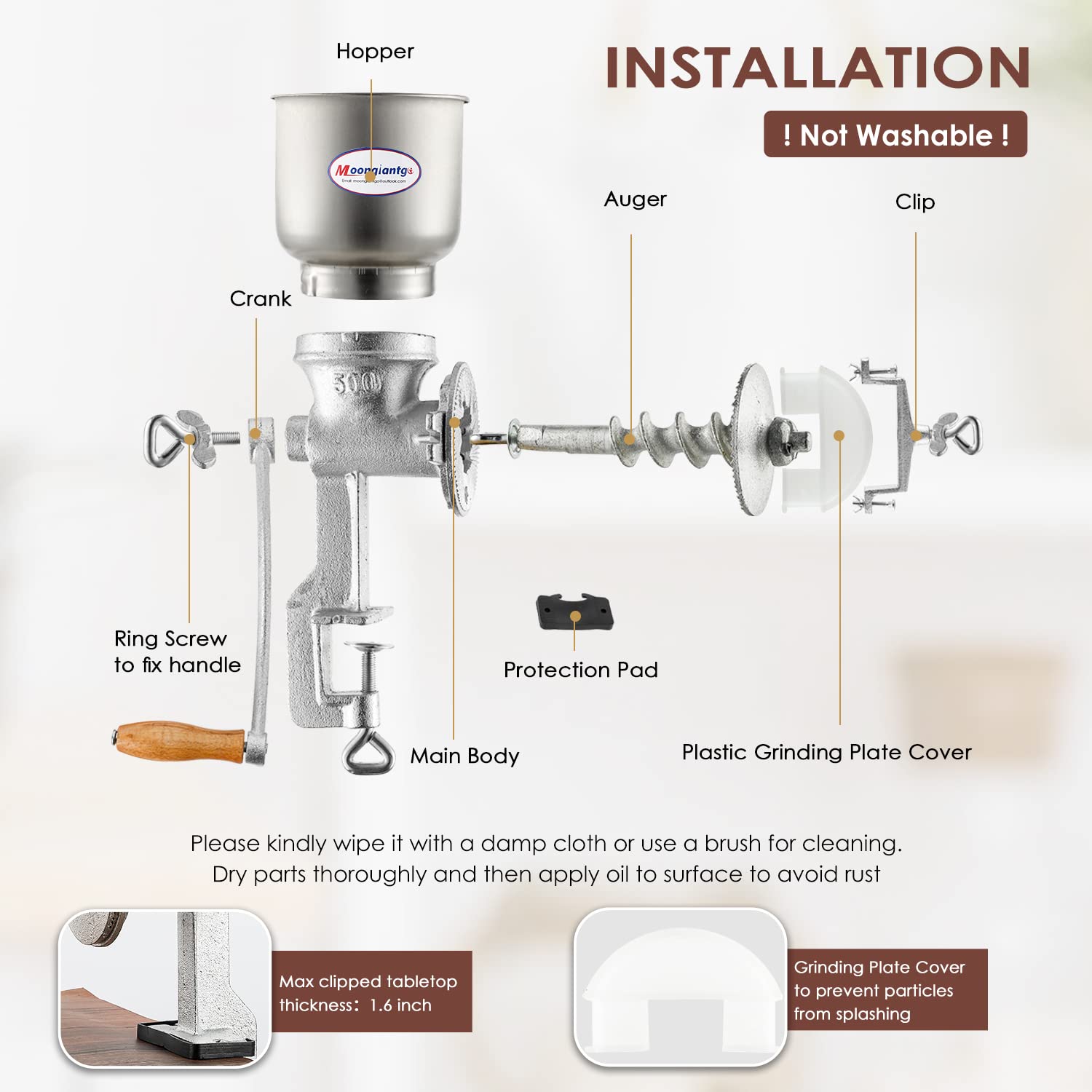 Moongiantgo Cast Iron Corn Grinder - Hand Crank Grain Mill, Large Hopper, Silver, Model XHH-19B for Manual Crushing of Grains & Seeds