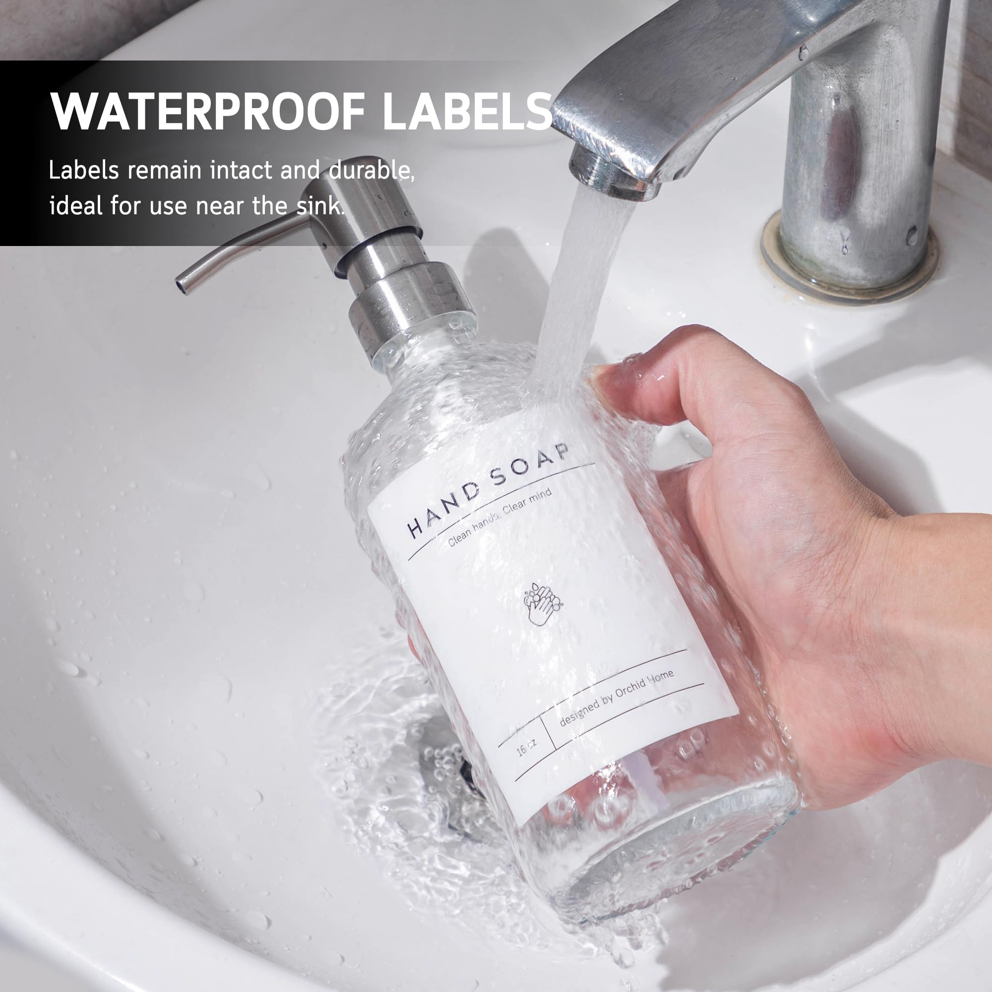 [Luxury] Kitchen Soap Dispenser Set - 16Oz Clear Glass Bottle, Stainless Steel Pump, Instant Dry Tray, Waterproof Labels, Non-Sl