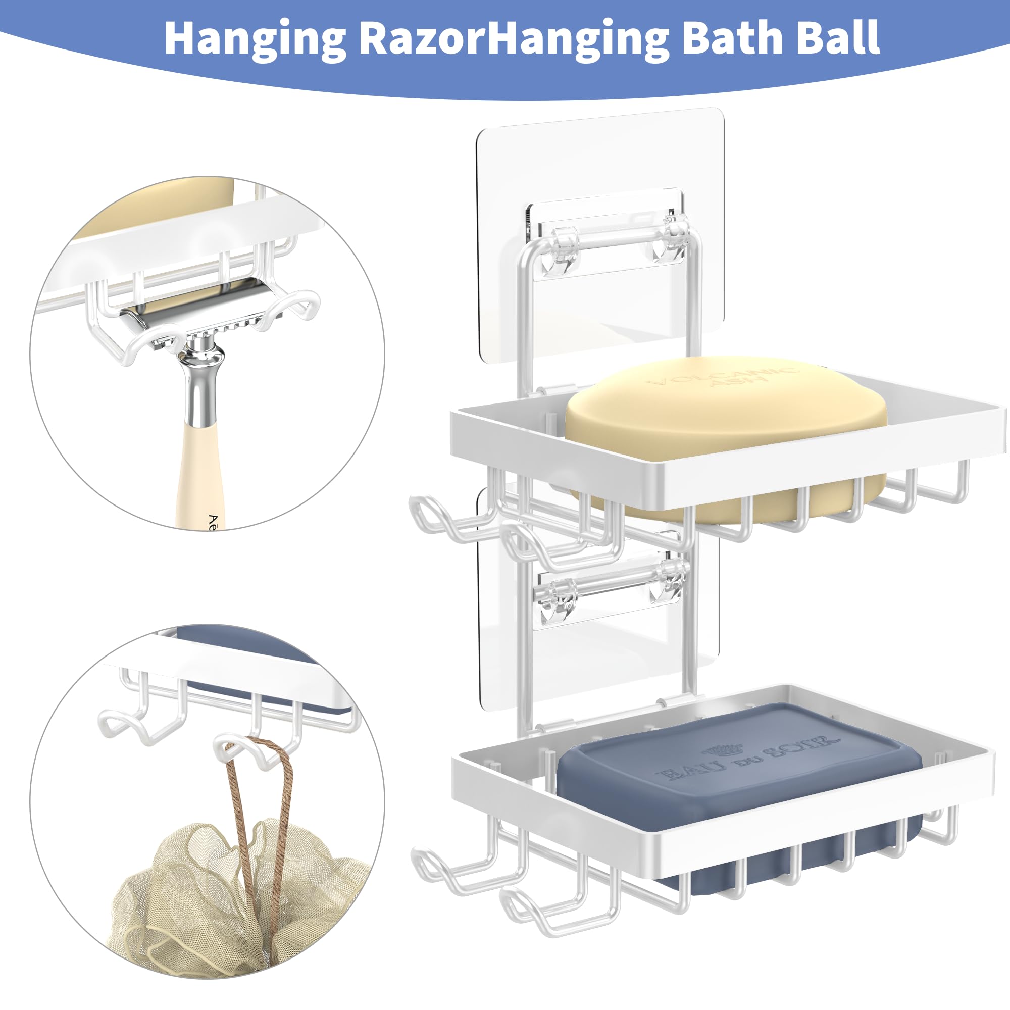 Moforoco White Double Soap Bar Holder For Shower, No Drilling, 304 Rustproof Stainless Steel, Wall Mounted Soap Holder With 4 Ho
