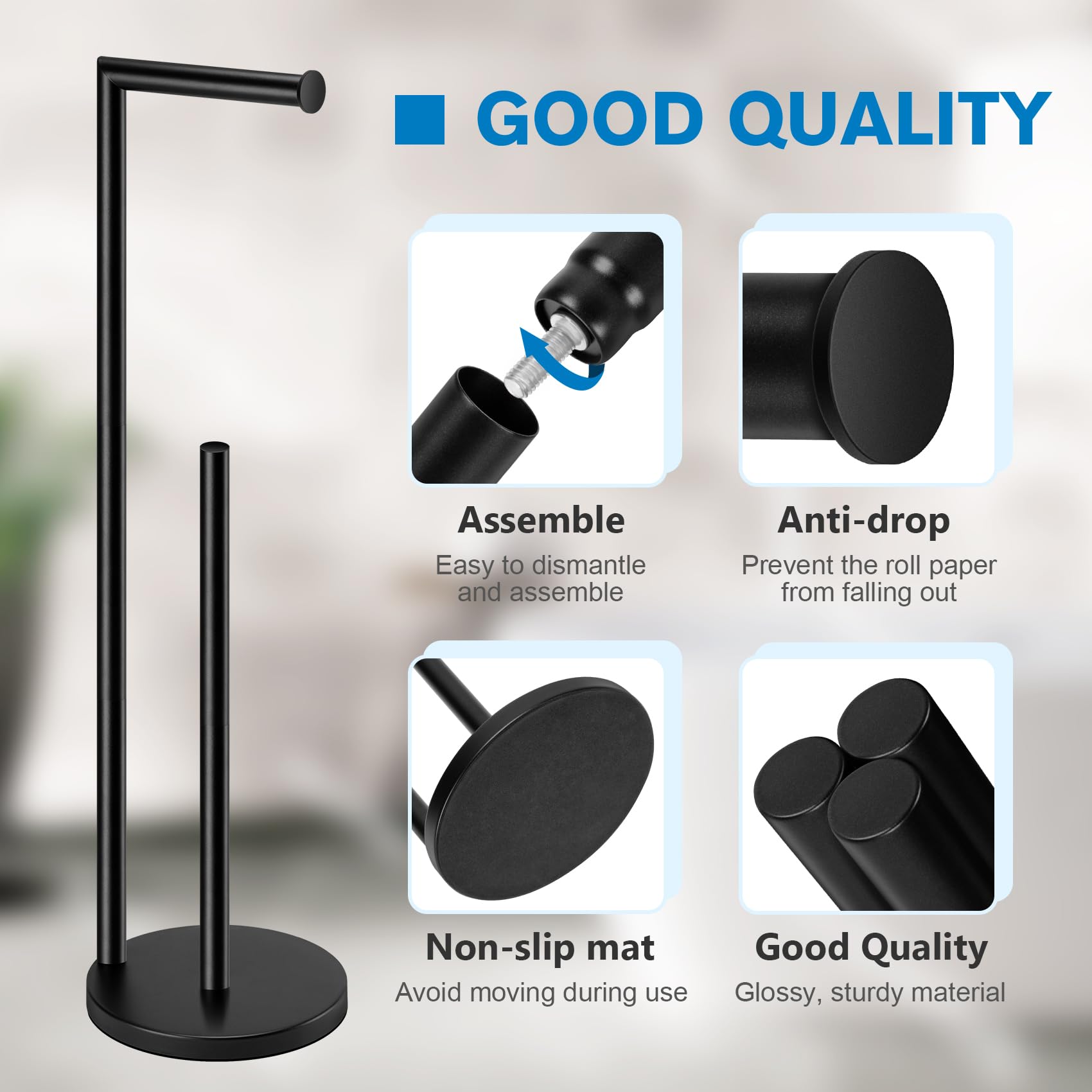 Toilet Paper Holder Stand  Toilet Paper Stand Black  Free Standing Toilet Paper Holder  Toilet Paper Holder with Storage by Bathth
