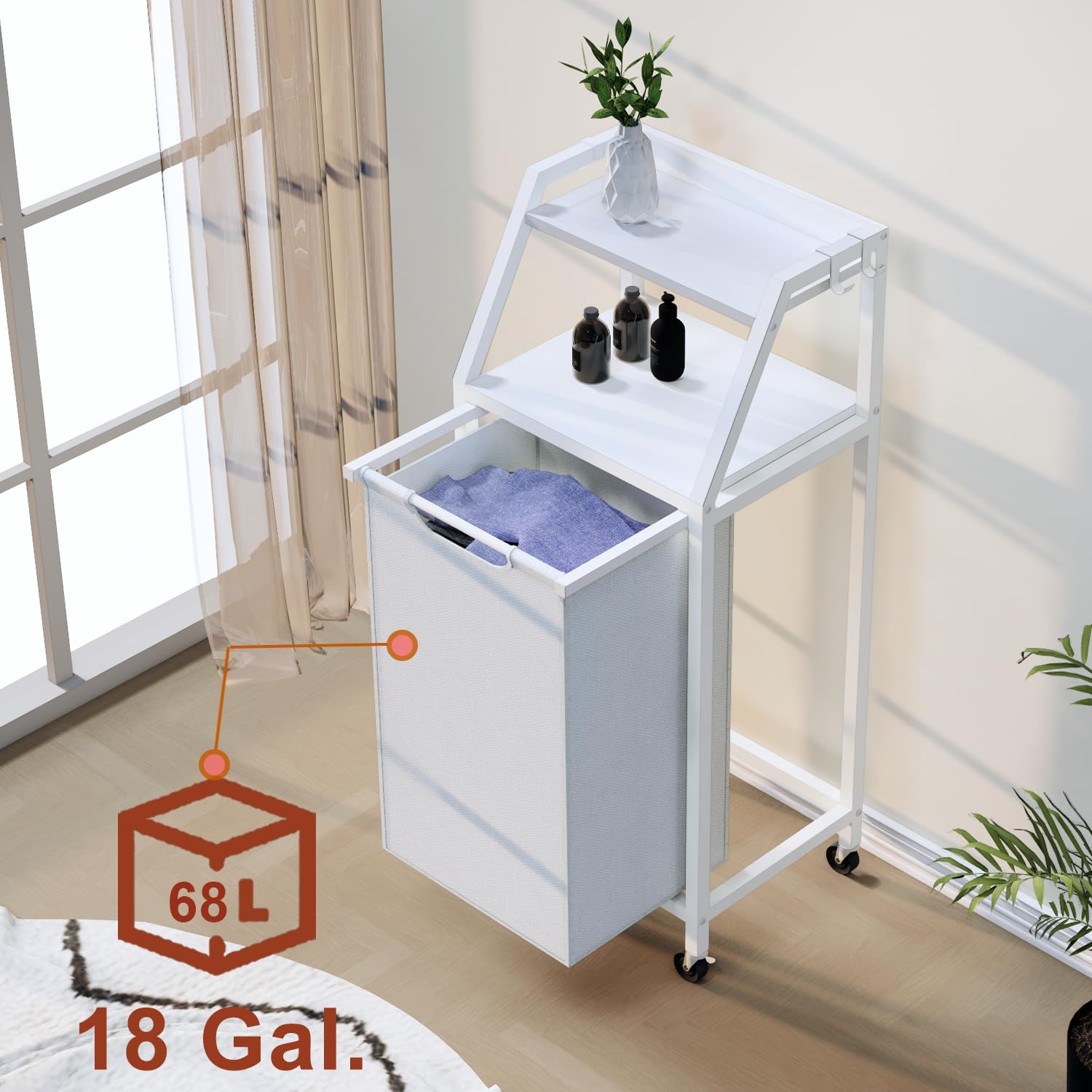 Timberer Laundry Hamper, Laundry Sorter, Rolling Laundry Basket With Wheels, 2 Shelves, 18 Gal(68L), Pull-Out And Removable Oxfo