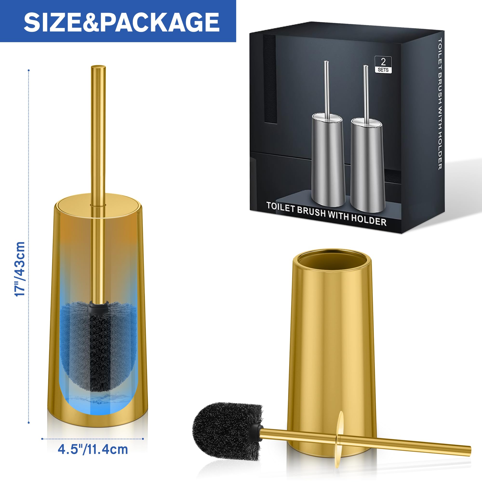 Ixo Toilet Brush And Holder, Toilet Brush Stainless Steel, Toilet Bowl Brush For Bathroom Toilet-Ergonomic, Elegant,Durable (Gol