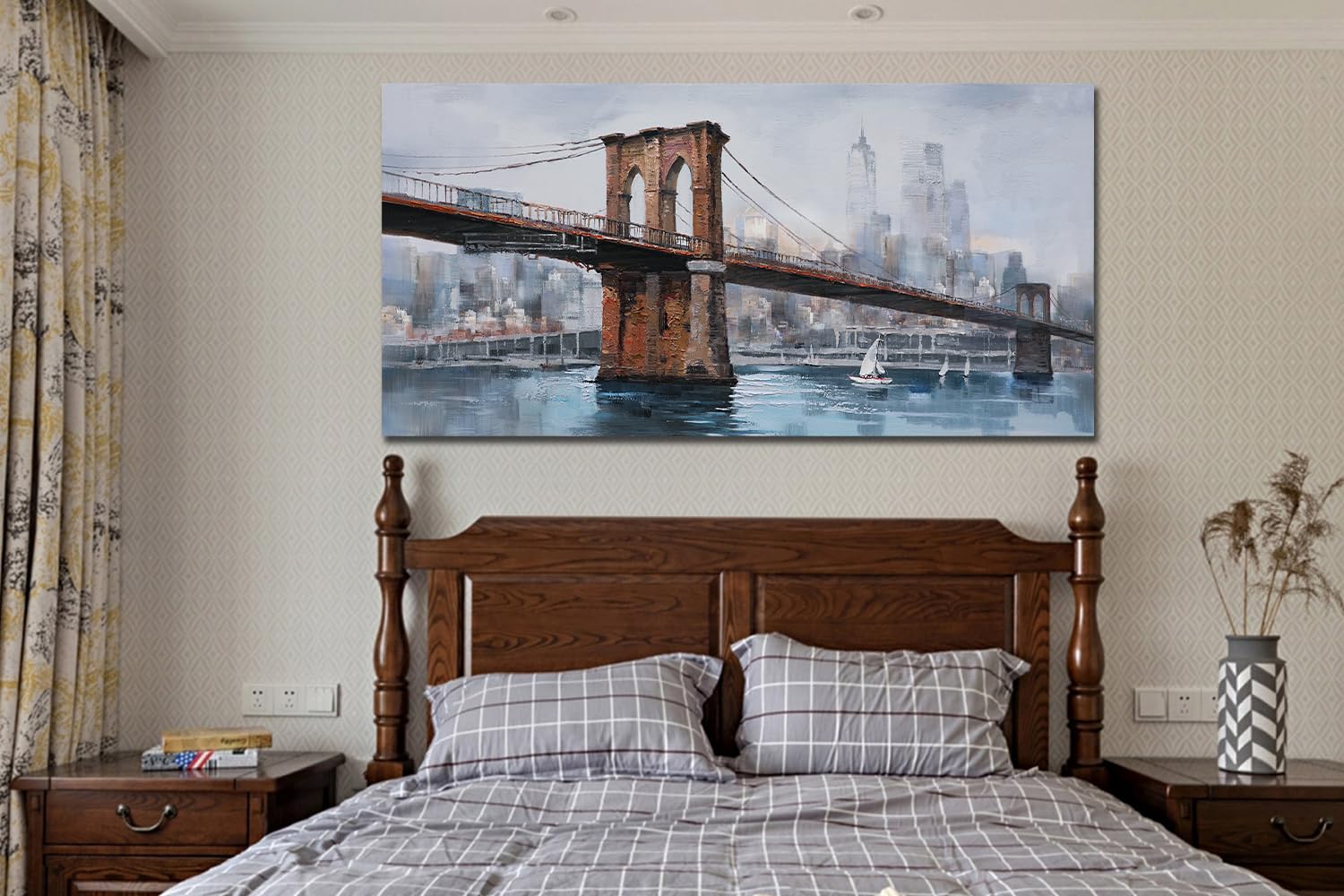 Ardemy Brooklyn Bridge Wall Art Canvas Cityscape Abstract Skyline New York City Painting, Modern Nyc Picture Framed For Bedroom