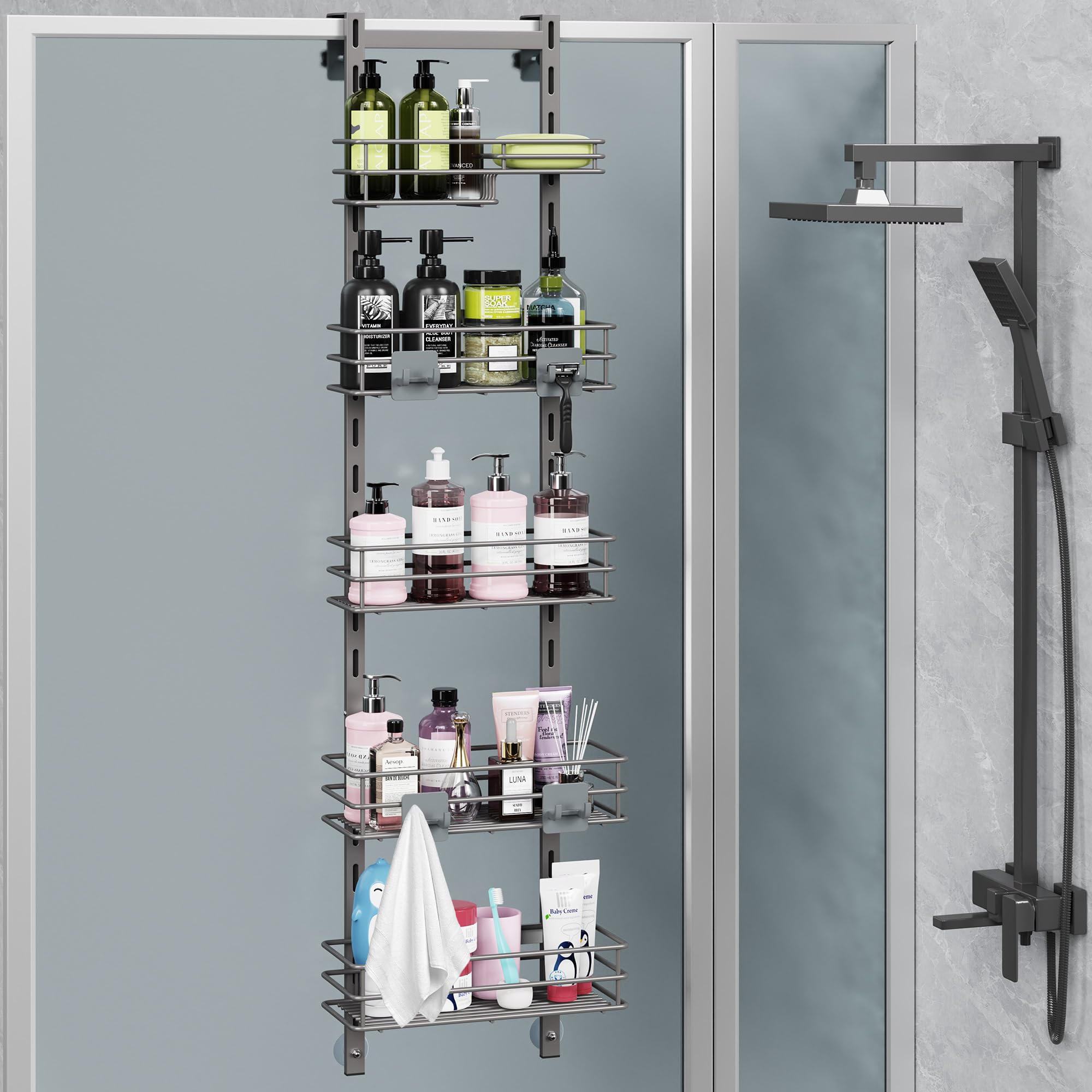 Orimade Over The Door Shower Caddy Adjustable 5 Tier Dark Grey,Bathroom Hanging Organizer Shelf Rustproof with 4 Hooks,Shower Ba