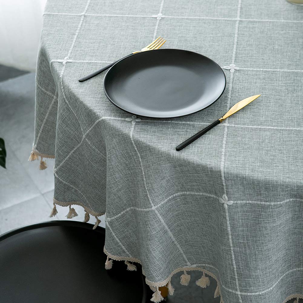 Colorbird Solid Embroidery Lattice Tablecloth Cotton Linen Dust-Proof Gray Table Cover For Kitchen Dinning 70 Inch Round Tablecl