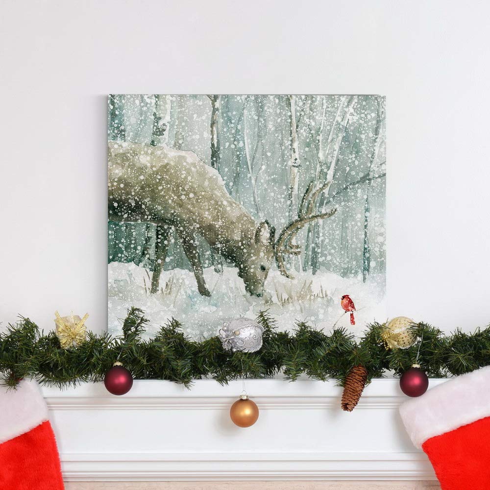 Renditions Gallery Reindeer and Cardinal Wall Art  Cute Christmas Artwork  Snowy Winter Forest  Scenic Nature  Premium Gallery Wrapped Canvas Decor  Ready to Hang  16 in H x 16 in W  Made in America (WC07-40628-1616)