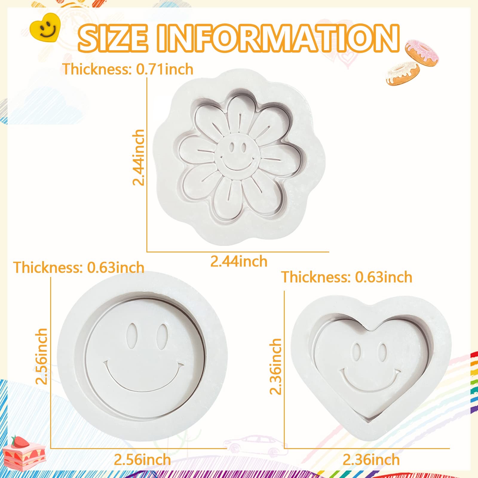 Smiley Face Fondant Molds (3Pcs), Smile Flower Heart Cake Decorating Silicone Mold For Cupcake Toppers, Cookies, Bread, Candy, C