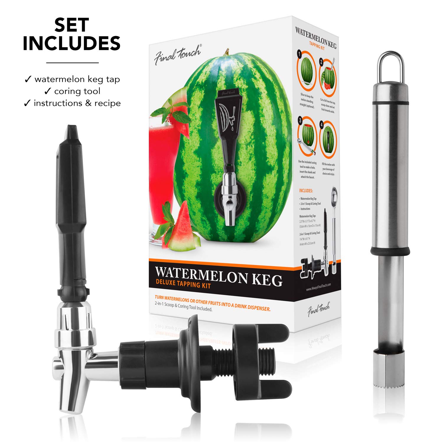 Final Touch Watermelon Keg Tapping Kit - Turn Watermelons & Pumpkins Into Drink Dispensers With Shank, Faucet, Coring Tool, And