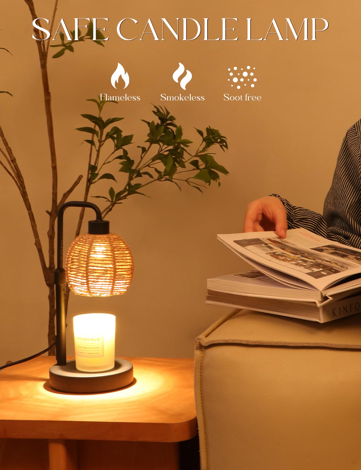 Yohonk Candle Warmer Lamp with Timer Dimmable, Natural Weaving Boho Electric Candle Lamp, Wax Warmer Lamp for Mothers Day Gifts
