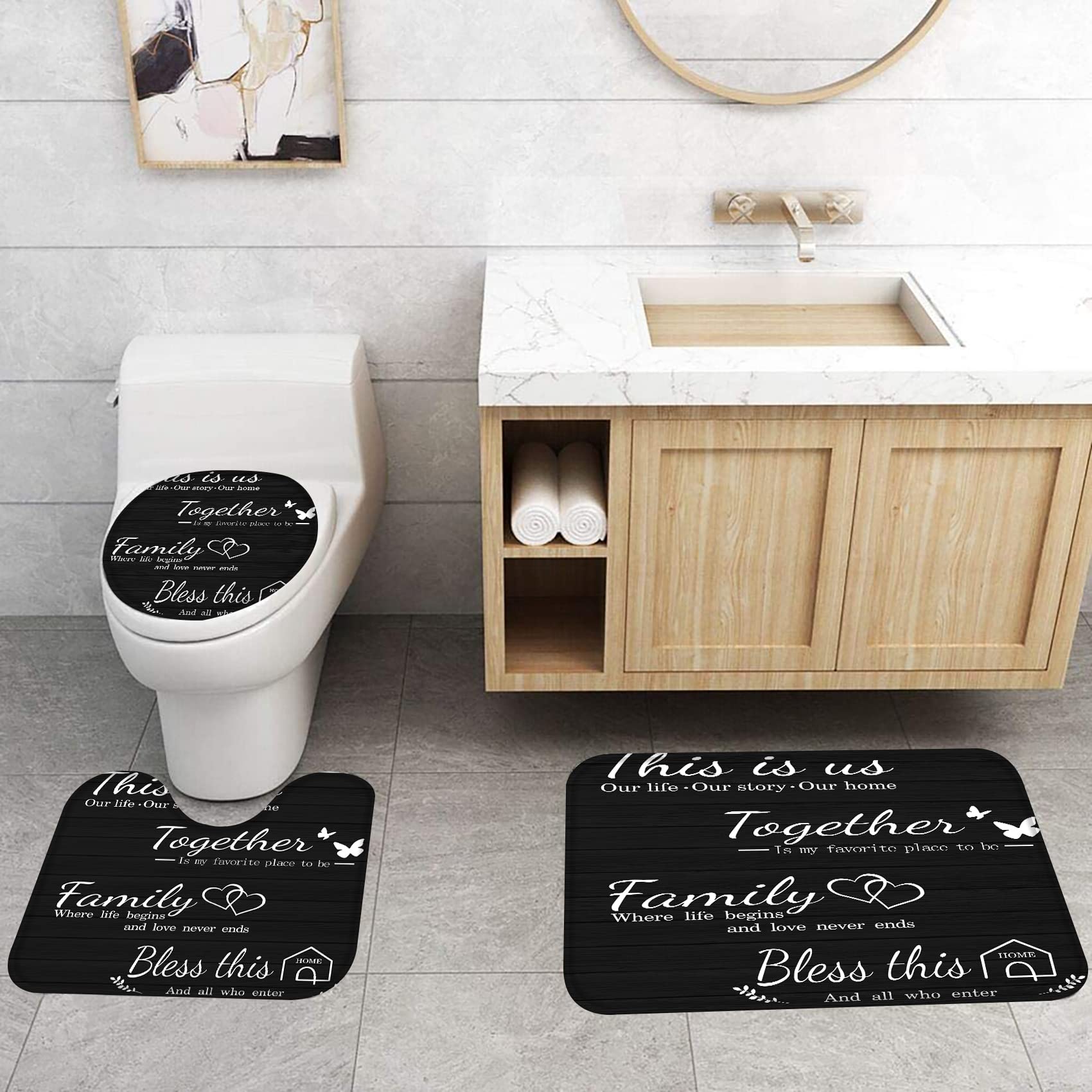 Juwute 4Pcs Family Shower Curtain Sets With Non-Slip Rugs, Toilet Lid Cover And Bath Mat, Black Home Bathroom Decor Set Accessor