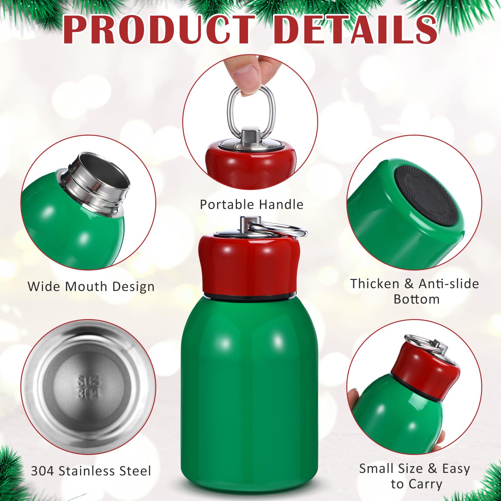 Mifoci 1 Pcs 10oz Mini Water Bottles Christmas Green Stainless Steel Slim Insulated Thermal for Hot Cold Drink Small Vacuum Port
