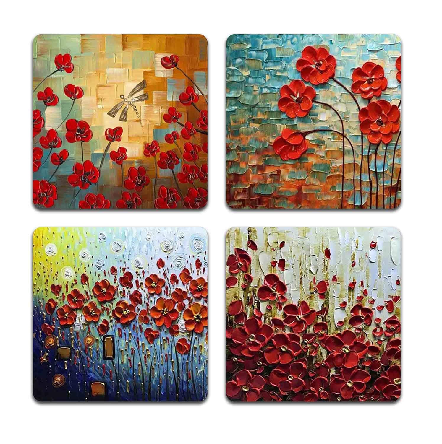 Red Oil Painting Square Coaster Set - Made Of Recycled Rubber - Set Of 4