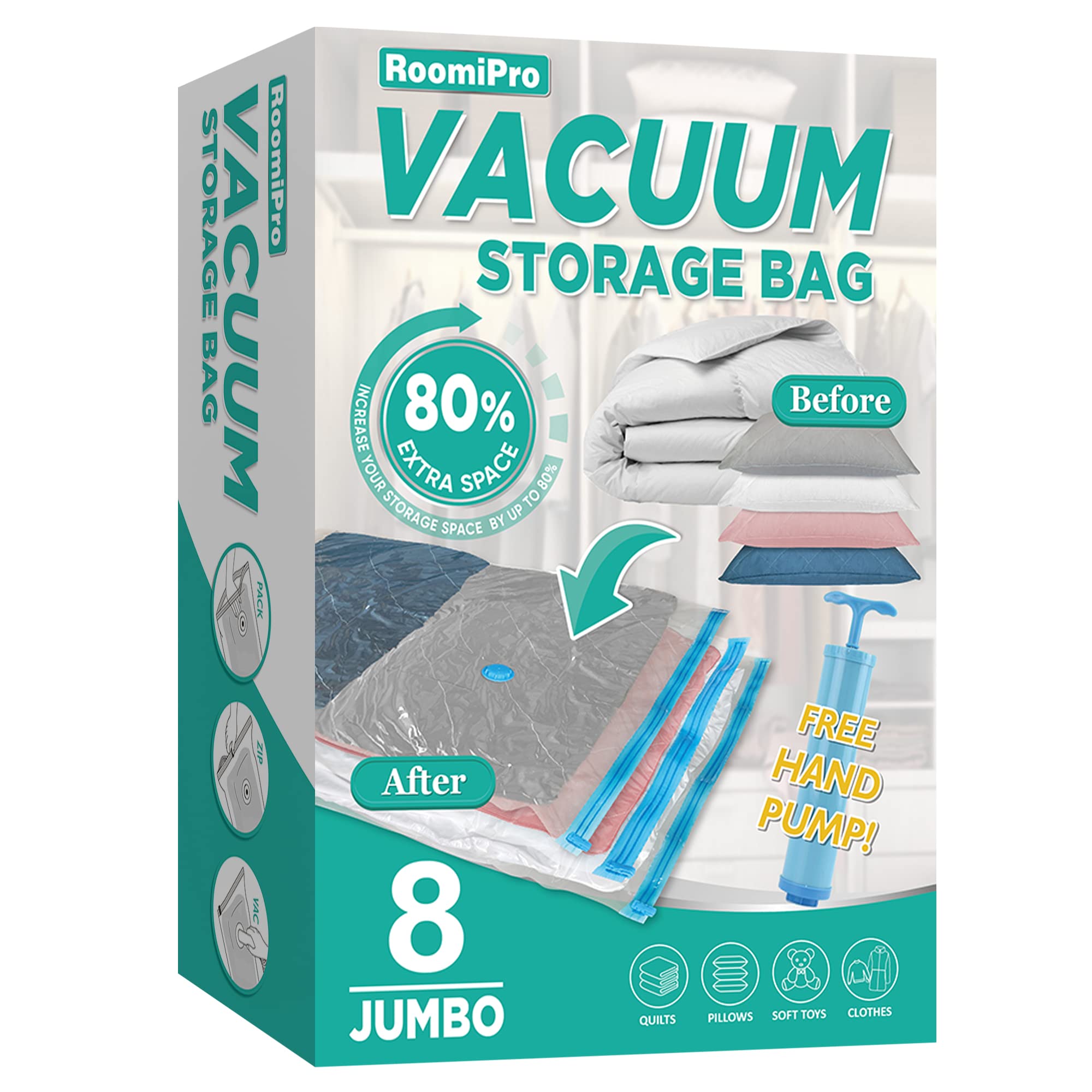 Roomipro Space Saver Vacuum Storage Bags, 8 Jumbo Vacuum Sealer Bags With Pump, Storage Vacuum Sealed Bags For Clothing, Comfort