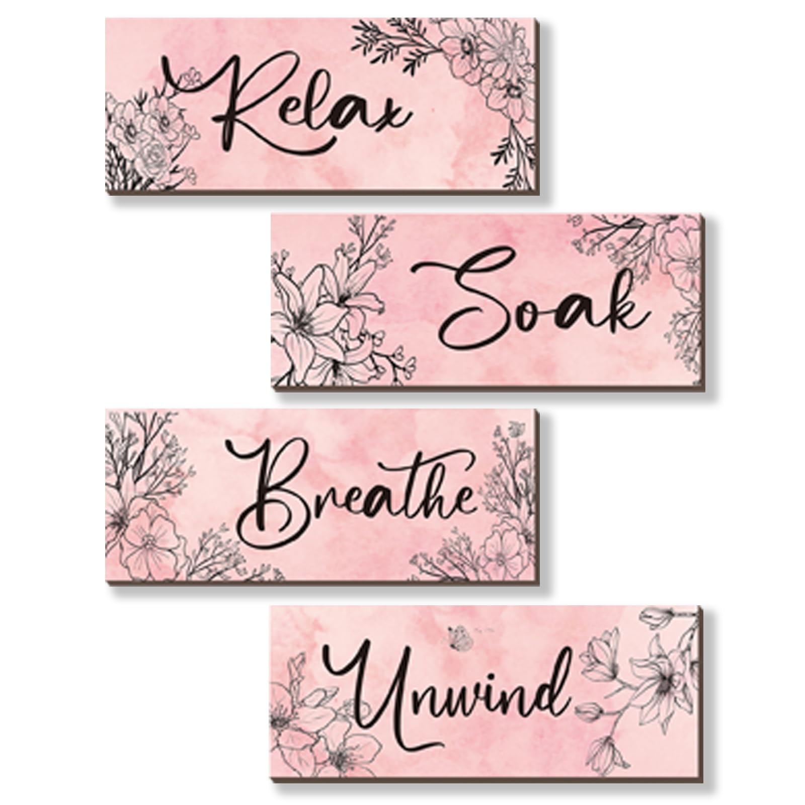 4 Pieces Pink Wall Decor Pink Floral Bathroom Decor Wooden Girls Room Decor with Relax Soak Unwind Breathe Positive Hanging Wall