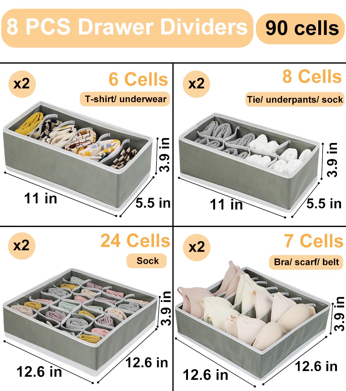 8 Pack Dresser Drawer Organizer Clothes, Foldable Underwear Drawer Organizer Bins, 90 Cells Fabric Closet Cloth Storage Box Draw