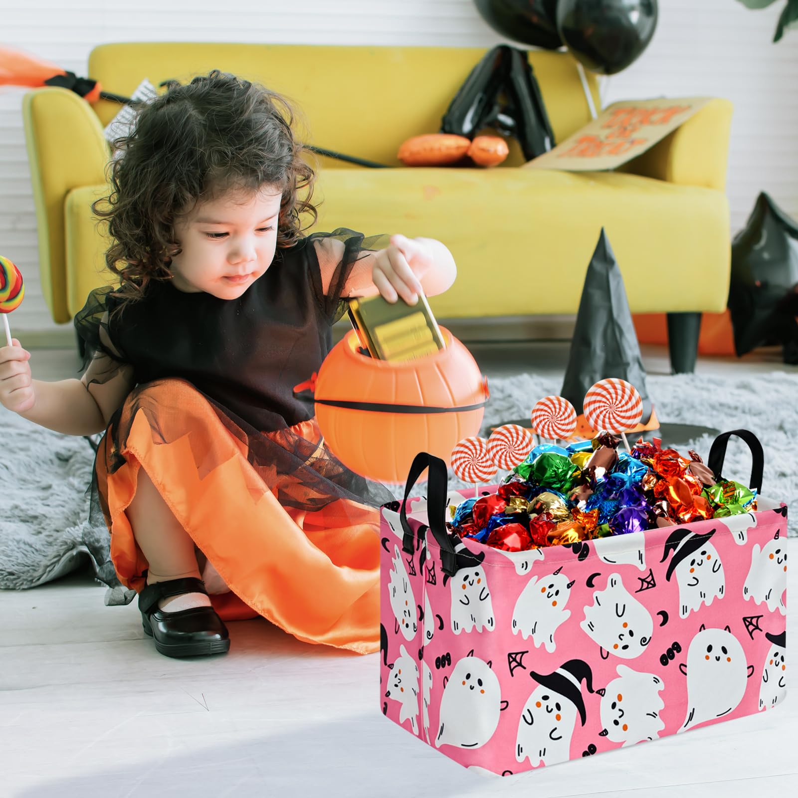 KUNRO Pink Ghost Pattern Halloween Storage Gift Basket Canvas Storage Bins with Handles Rectangle Storage Cubes Organizer for Be