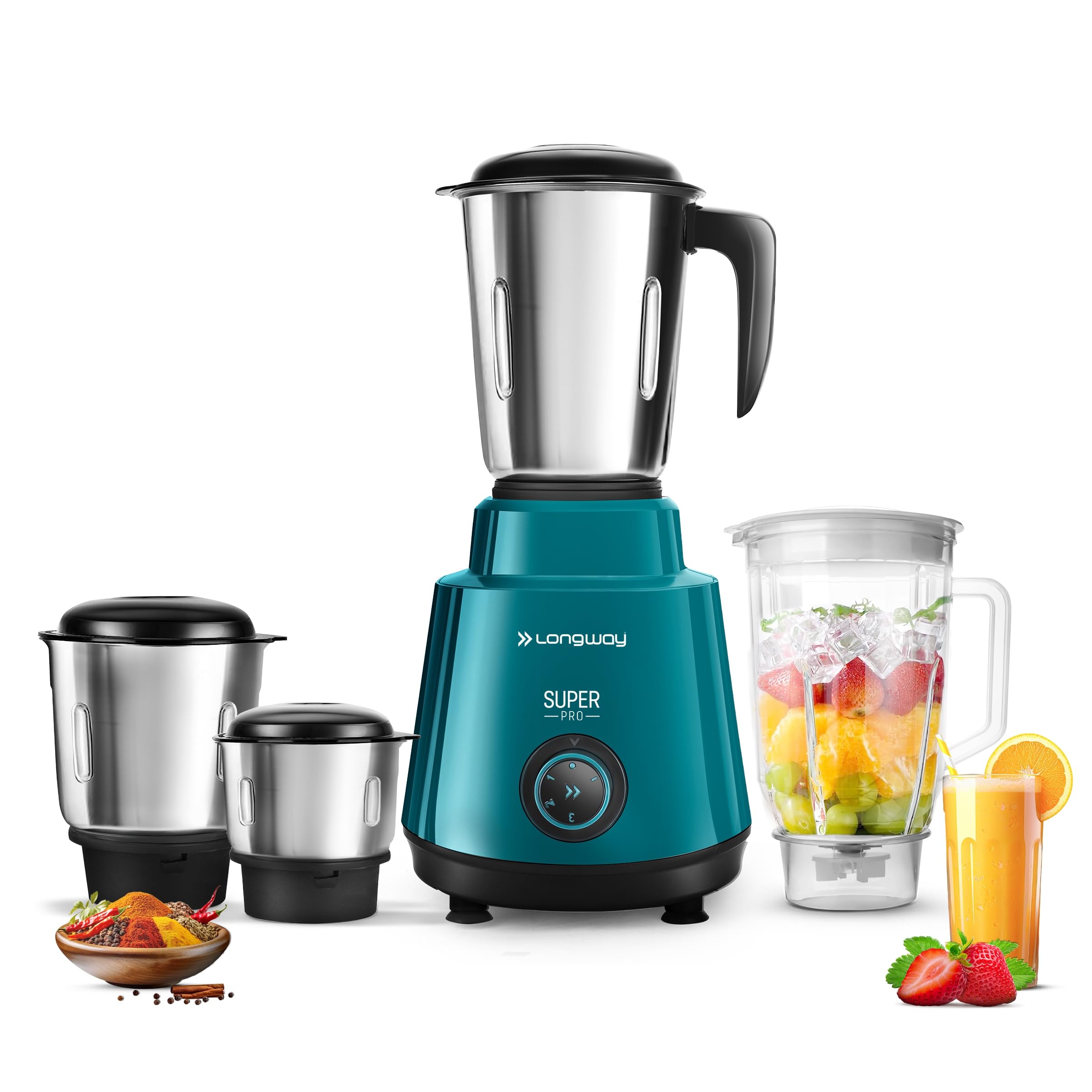 Longway Super Pro Juicer Mixer Grinder | Up To 750 Watt Powerful Motor | 4 Jars For Grinding, Mixing, Juicing | Teal & Black