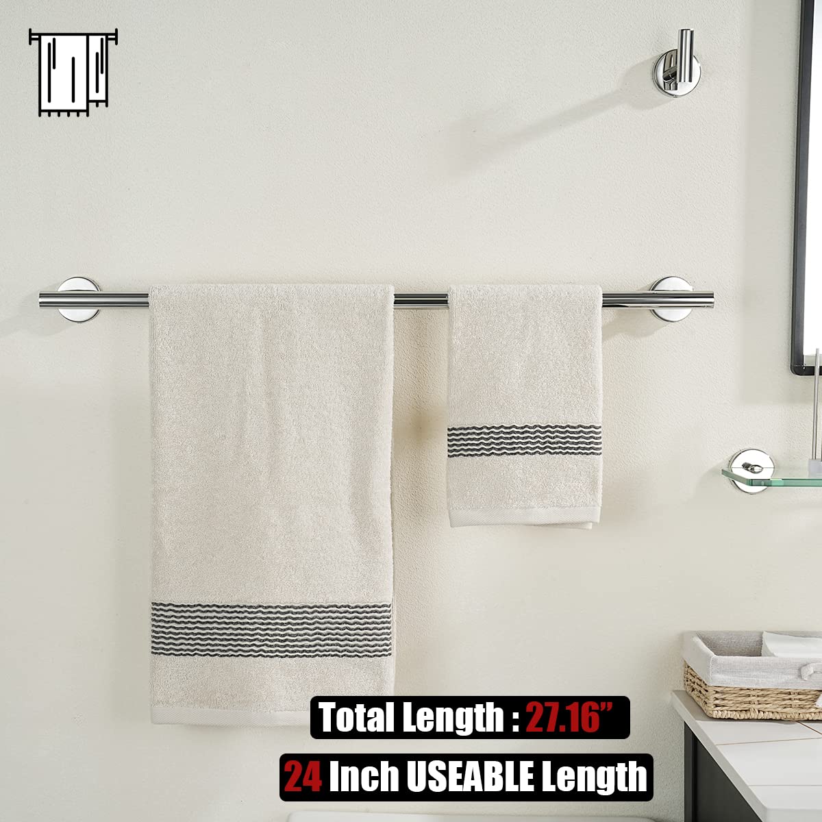 JQK Chrome Towel Bar  24 Inch 304 Stainless Steel Thicken 0.8mm Towel Rack Bathroom  Towel Holder Polished Finished Wall Mount  Total Length 27 Inch  TB110L24-CH