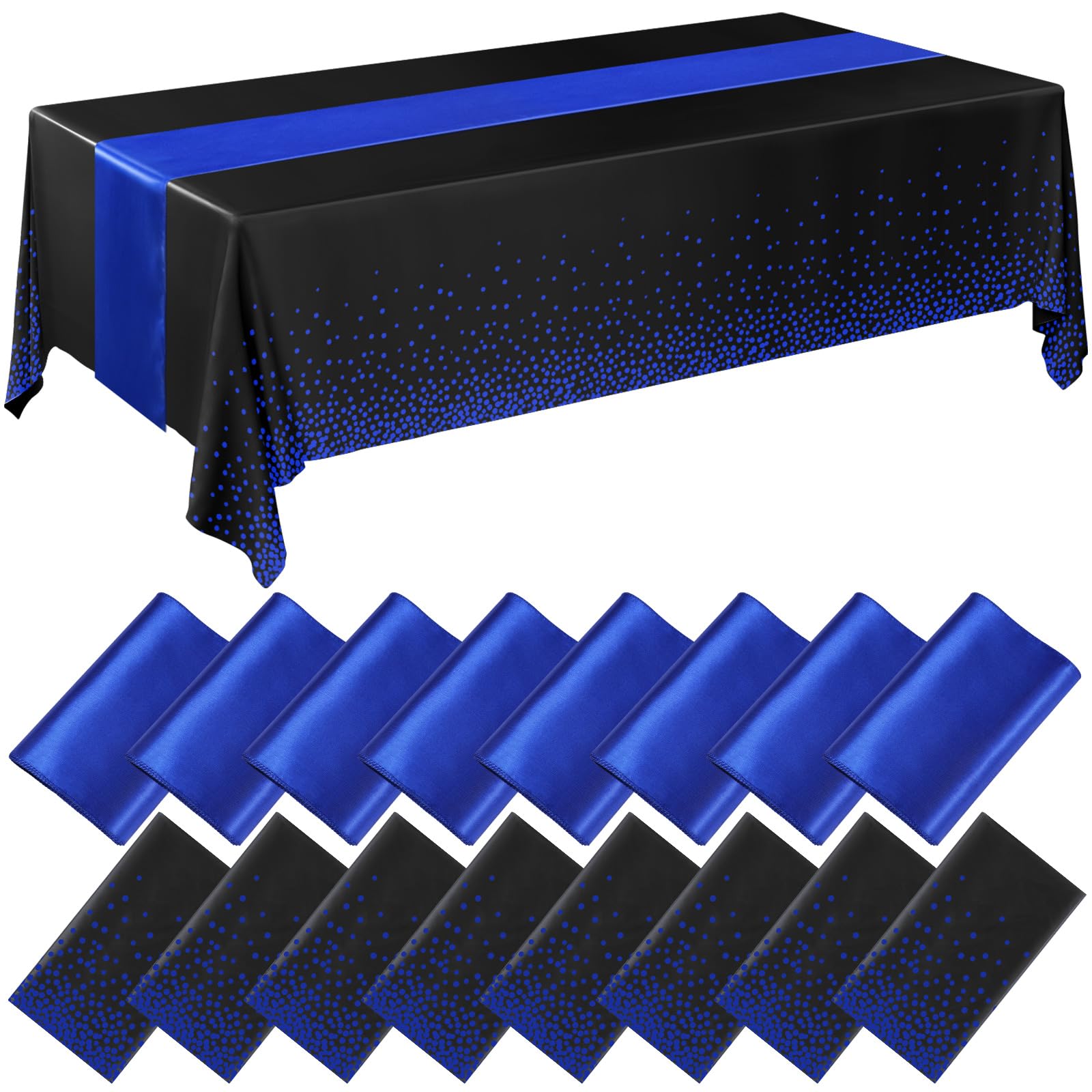Breling 16 Pack Black and Blue Disposable Plastic Tablecloths and Satin Table Runner Set, 54 x 108 Inch Tablecloth, 12 x 108 Inc