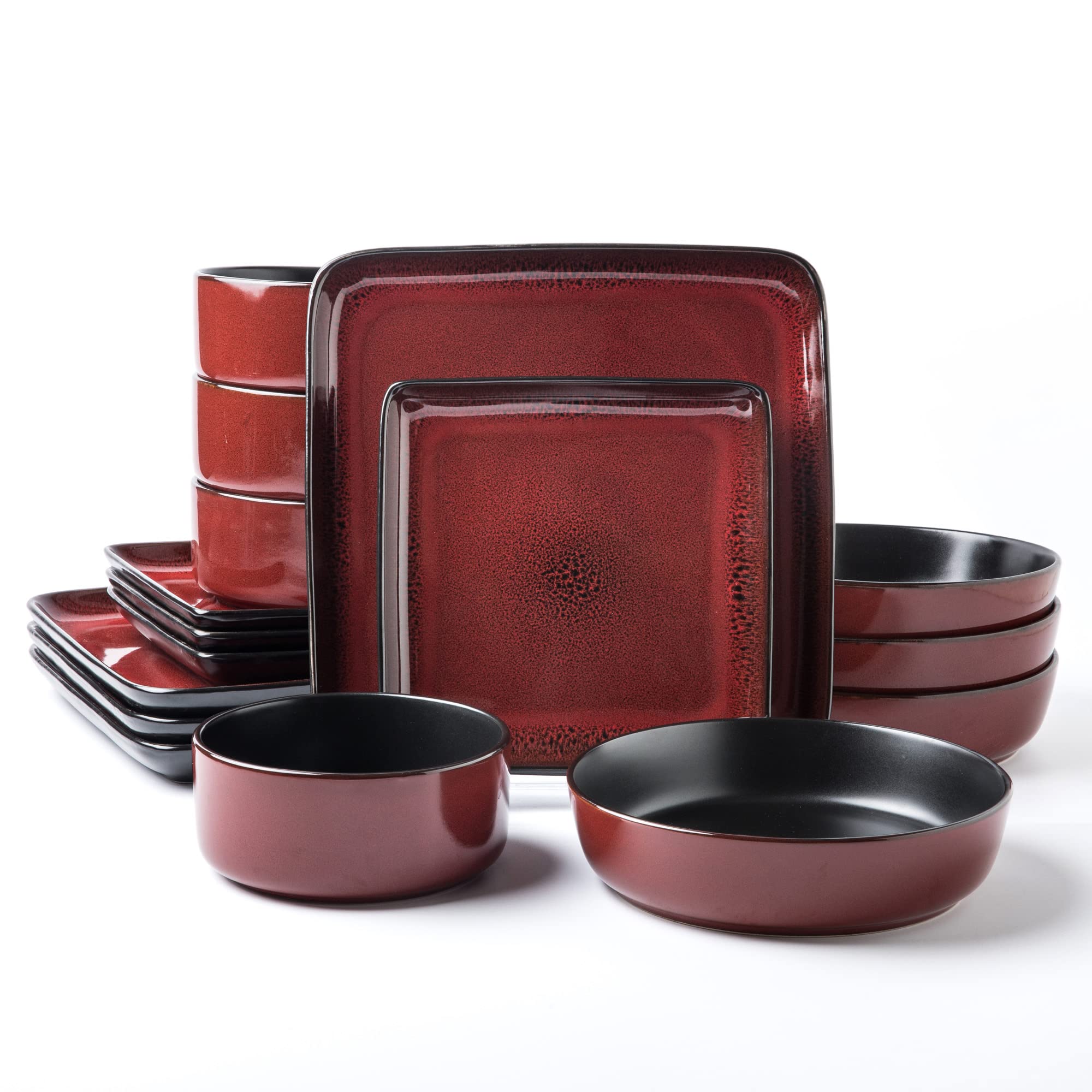 Arora FLACKAR Square Stoneware 16pc Double Bowl Dinnerware Set for 4, Dinner Plates, Side Plates, Cereal Bowls, Pasta Bowls - Re