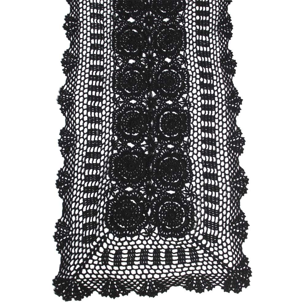 Kepswet Cotton Handmade Crochet Lace Table Runner Black Rectangle Coffee Table Dresser Decor (14X60 Inch)